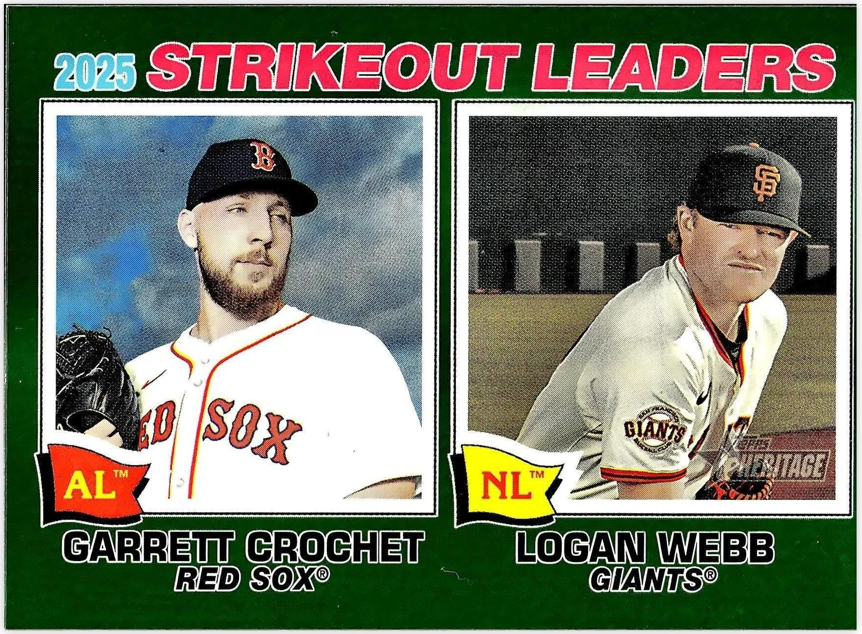 2025 Strikeout Leaders (Garrett Crochet / Logan Webb) 2026 Topps Heritage #6 Dark Green baseball card - Front
