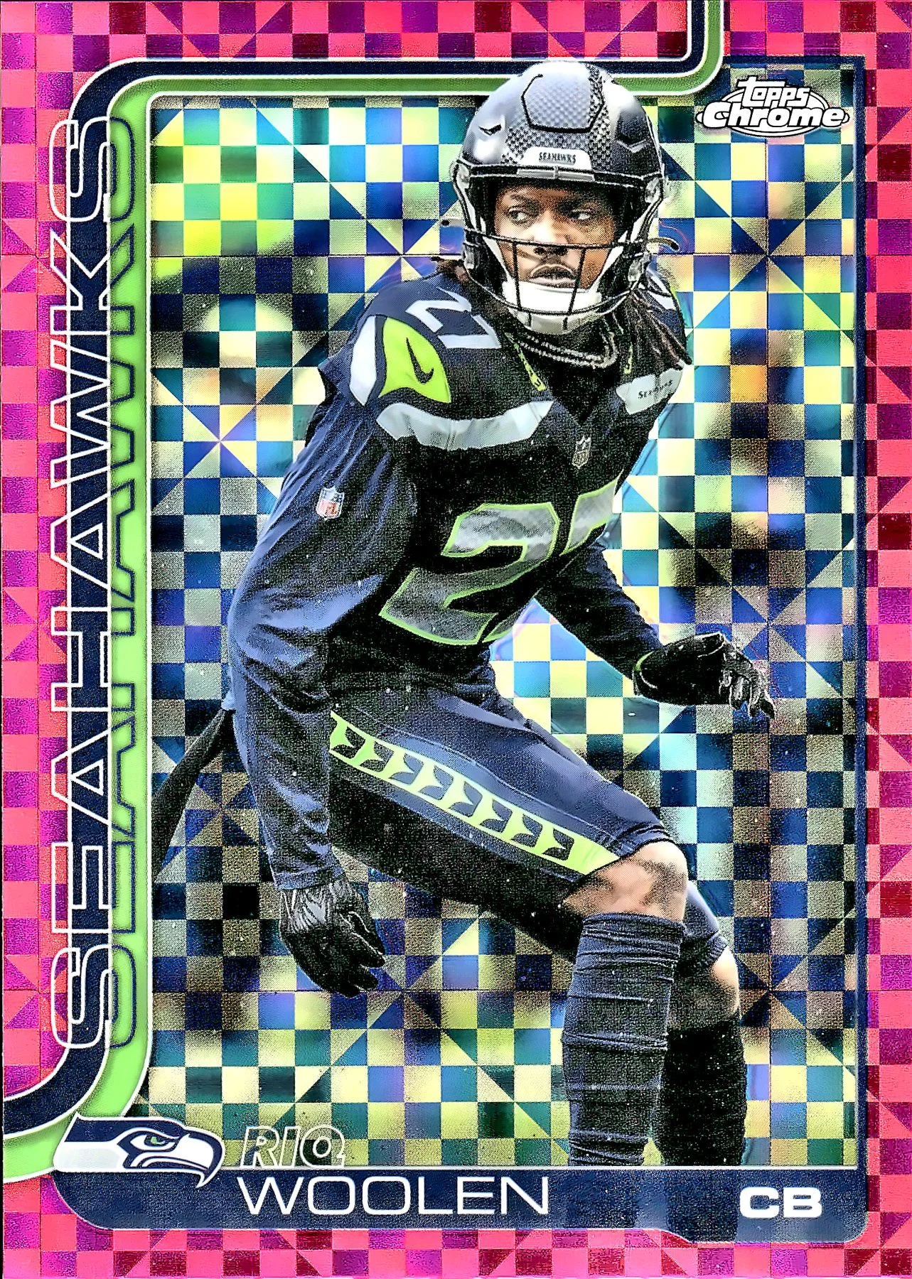 Riq Woolen #278 Hot Pink X-Fractor 2025 Topps Chrome football card - Front