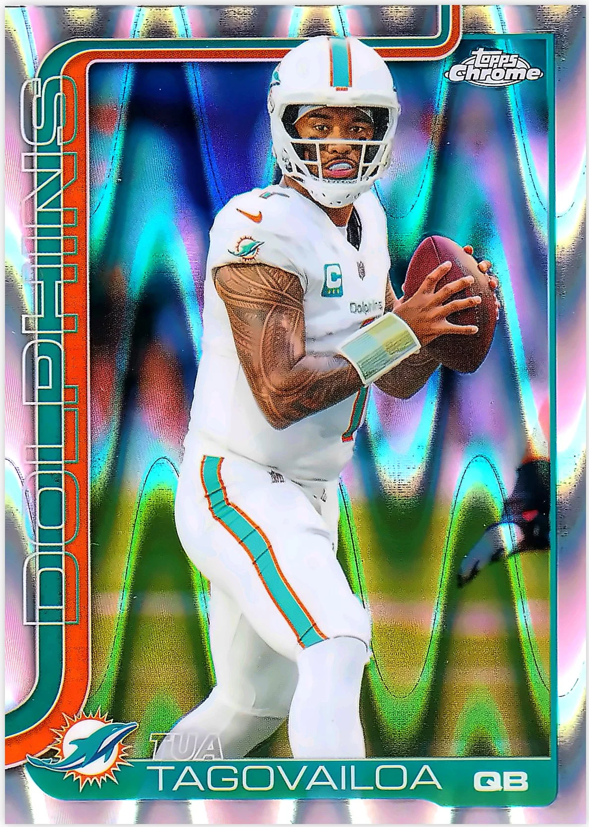 Tua Tagovailoa #187 RayWave Refractor 2025 Topps Chrome football card - Front