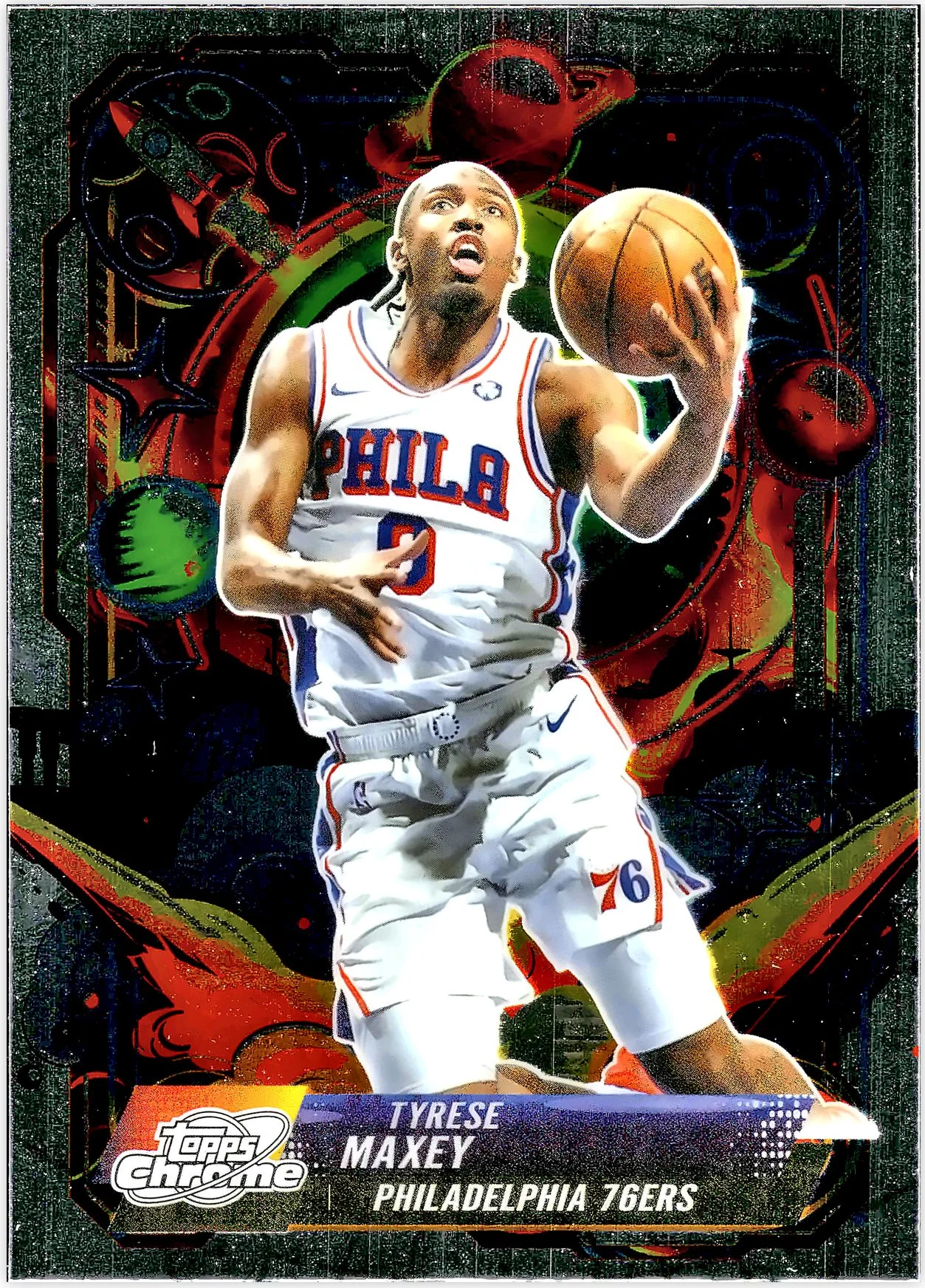 Tyrese Maxey #PRP-9 Propulsion 2025 Cosmic Chrome basketball card - Front