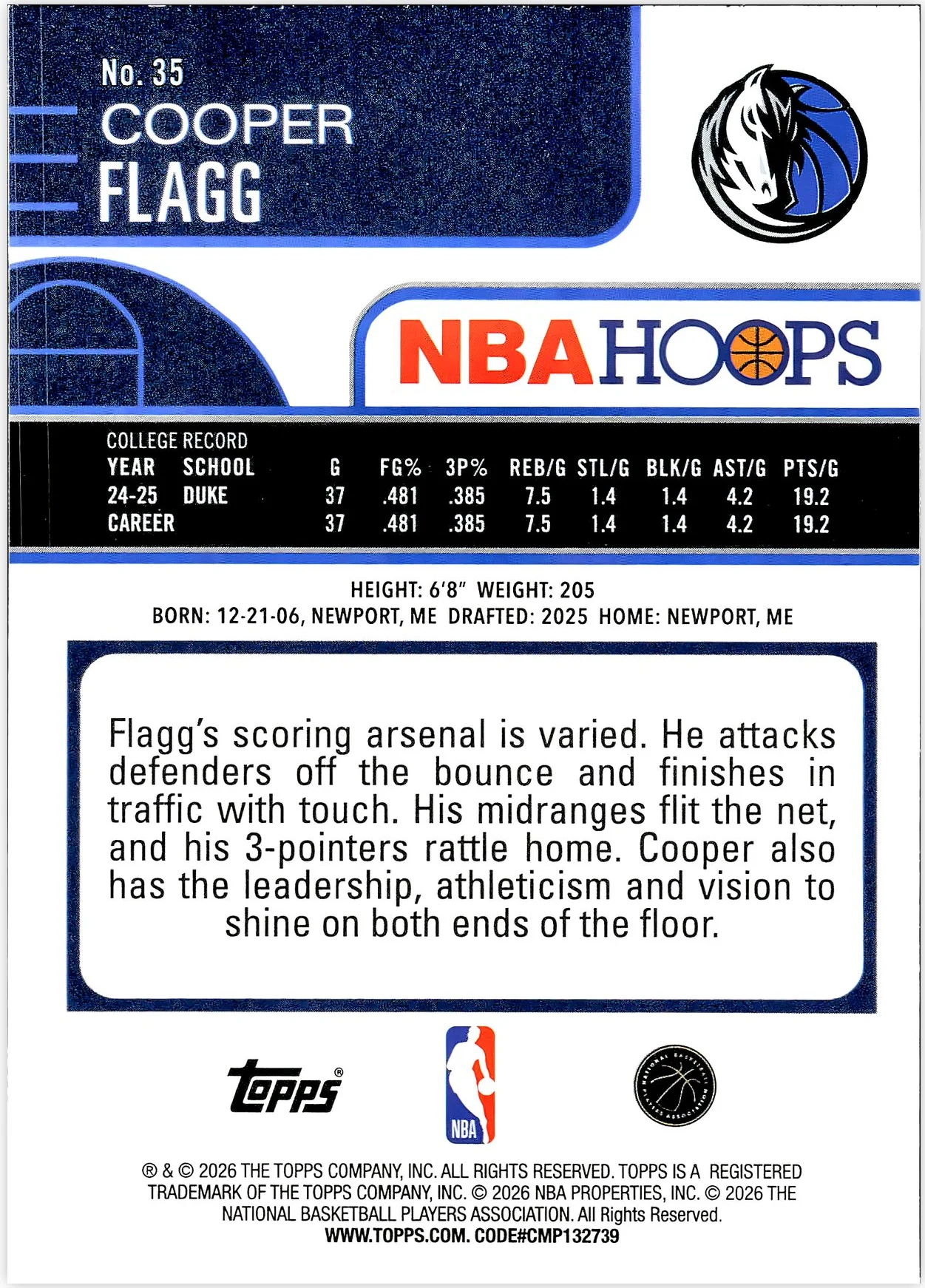 Cooper Flagg #35 Rookie Card 2026 NBA Hoops basketball rookie card - Front
