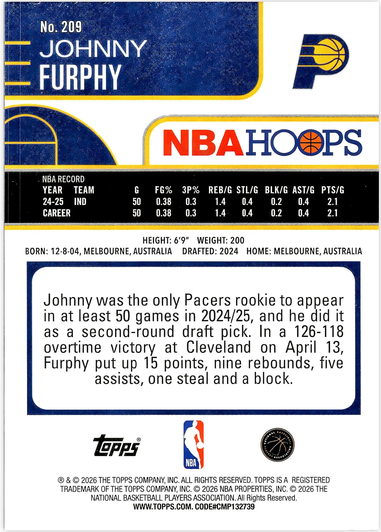 Johnny Furphy #209 Rookie Card 2026 NBA Hoops basketball rookie card - Front