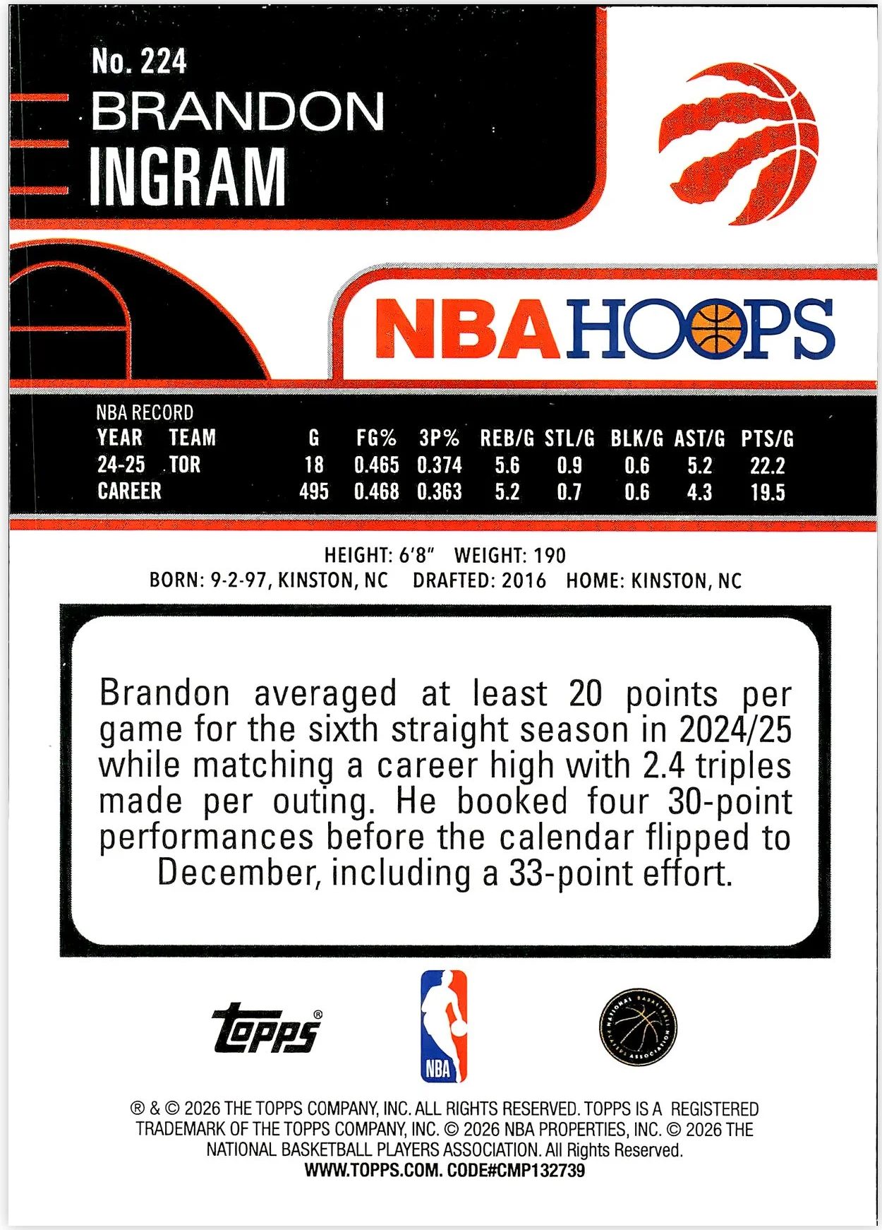 Brandon Ingram #224 2026 NBA Hoops basketball card - Front