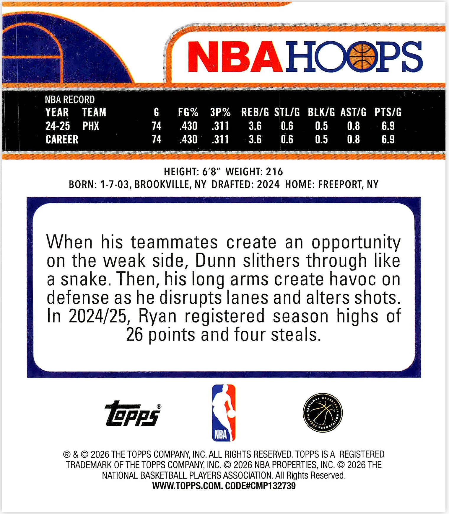 Ryan Dunn #57 2026 NBA Hoops basketball card - Front