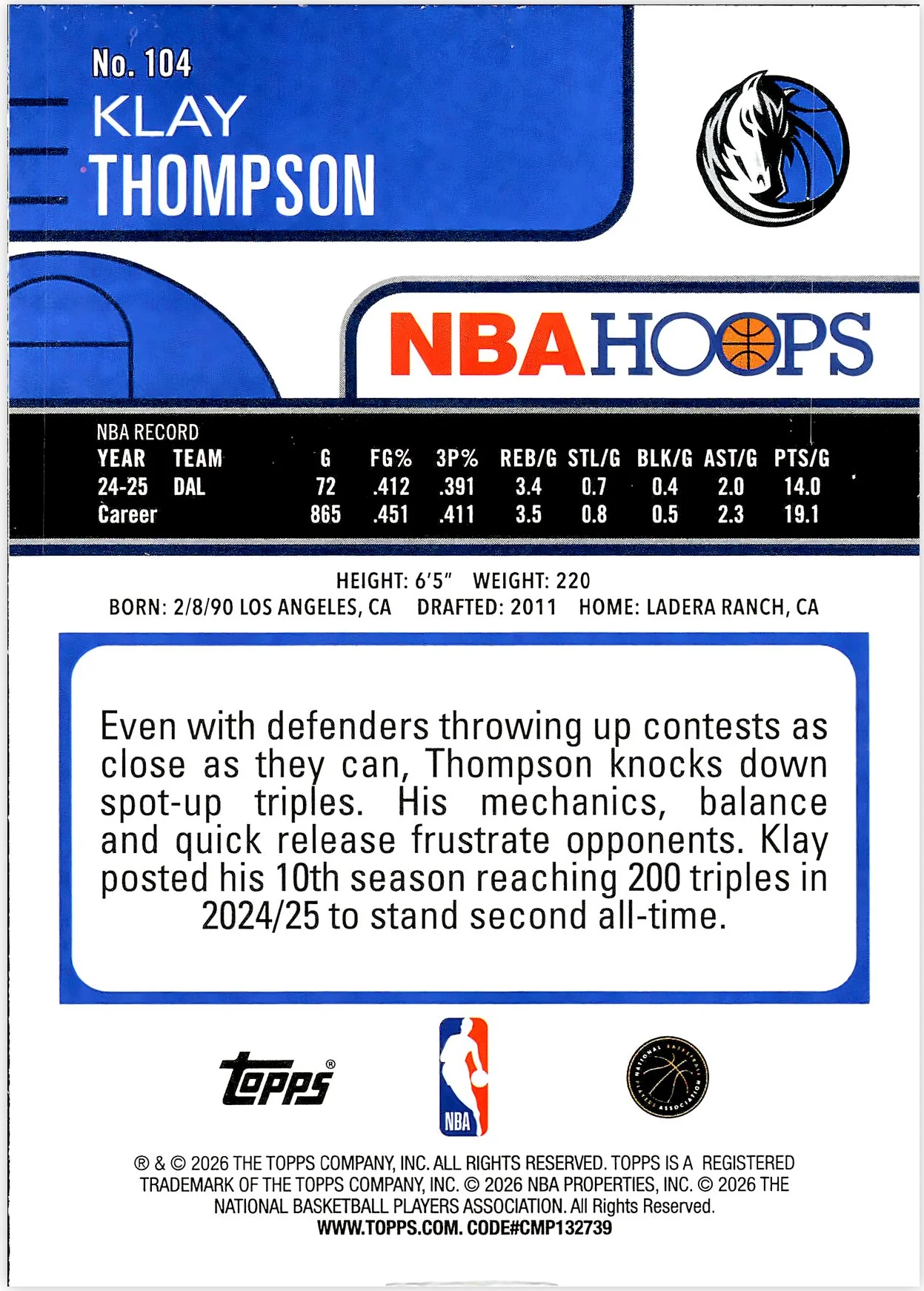Klay Thompson #104 2026 NBA Hoops basketball card - Front