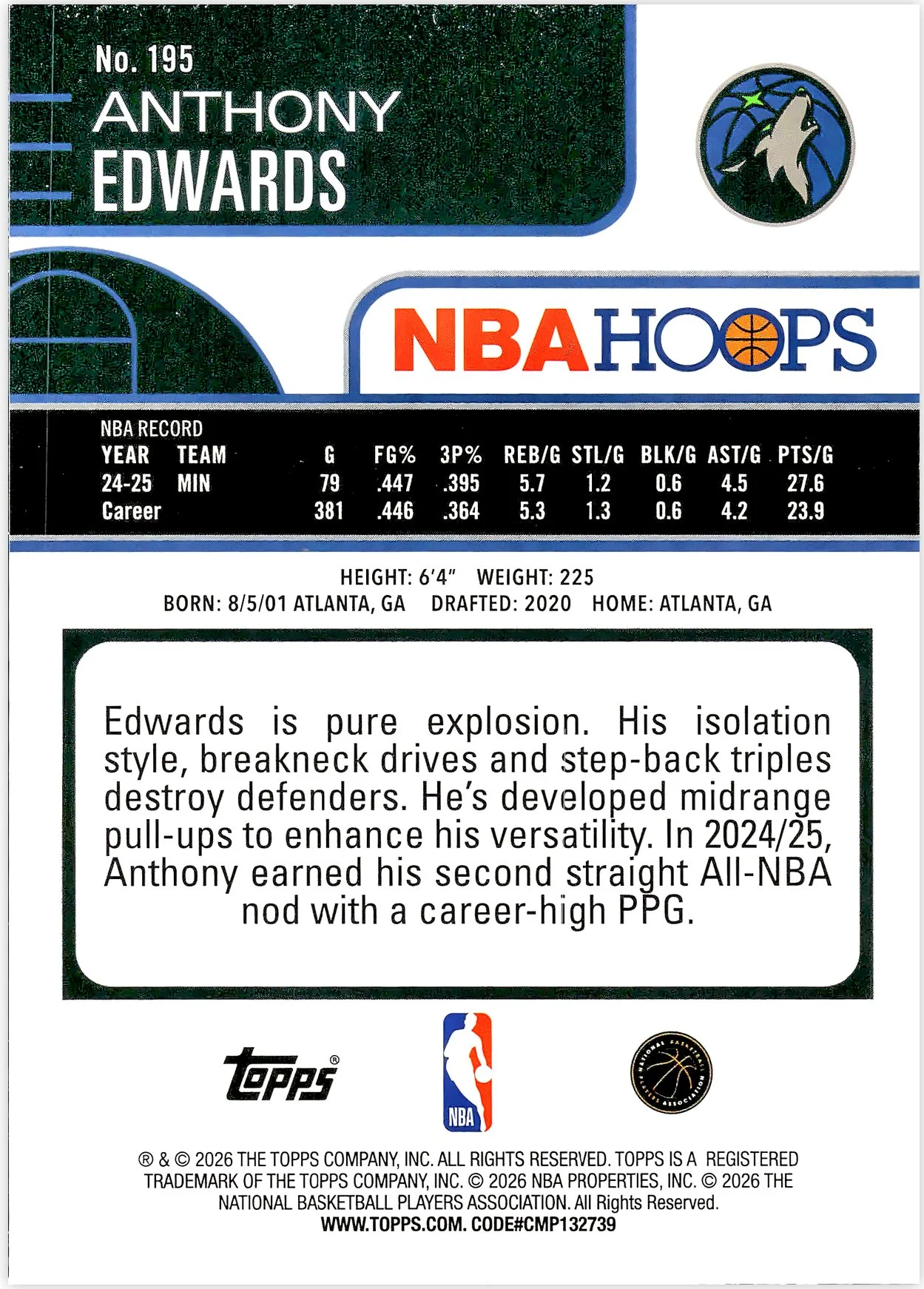 Anthony Edwards #195 2026 NBA Hoops basketball card - Front