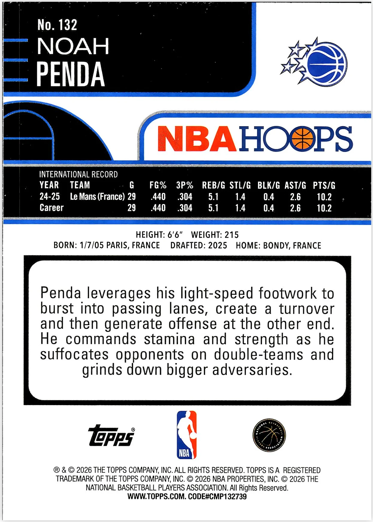 Noah Penda #132 Rookie Card 2026 NBA Hoops basketball rookie card - Front