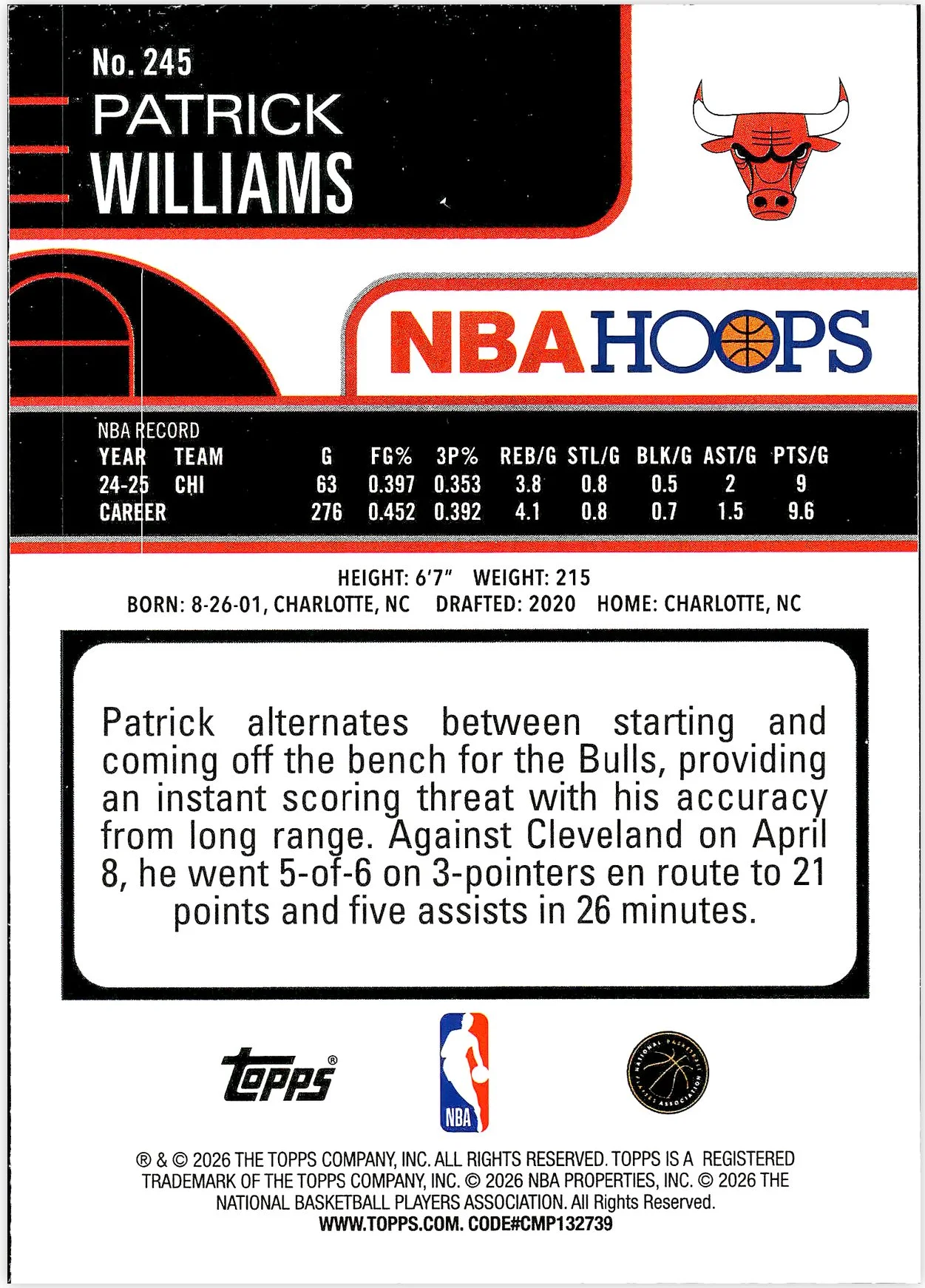 Patrick Williams #245 2026 NBA Hoops basketball card - Front