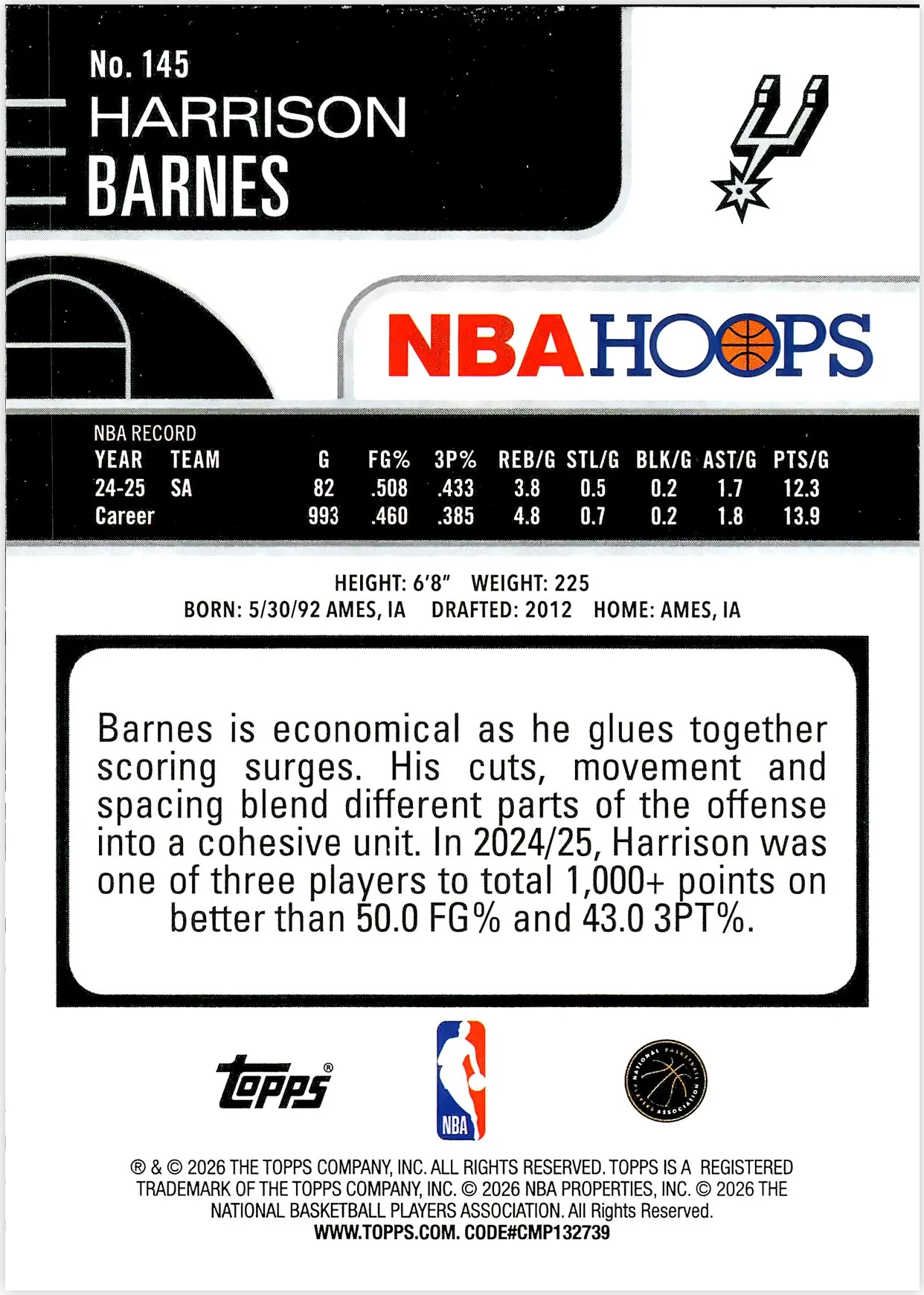 Harrison Barnes #145 2026 NBA Hoops basketball card - Front