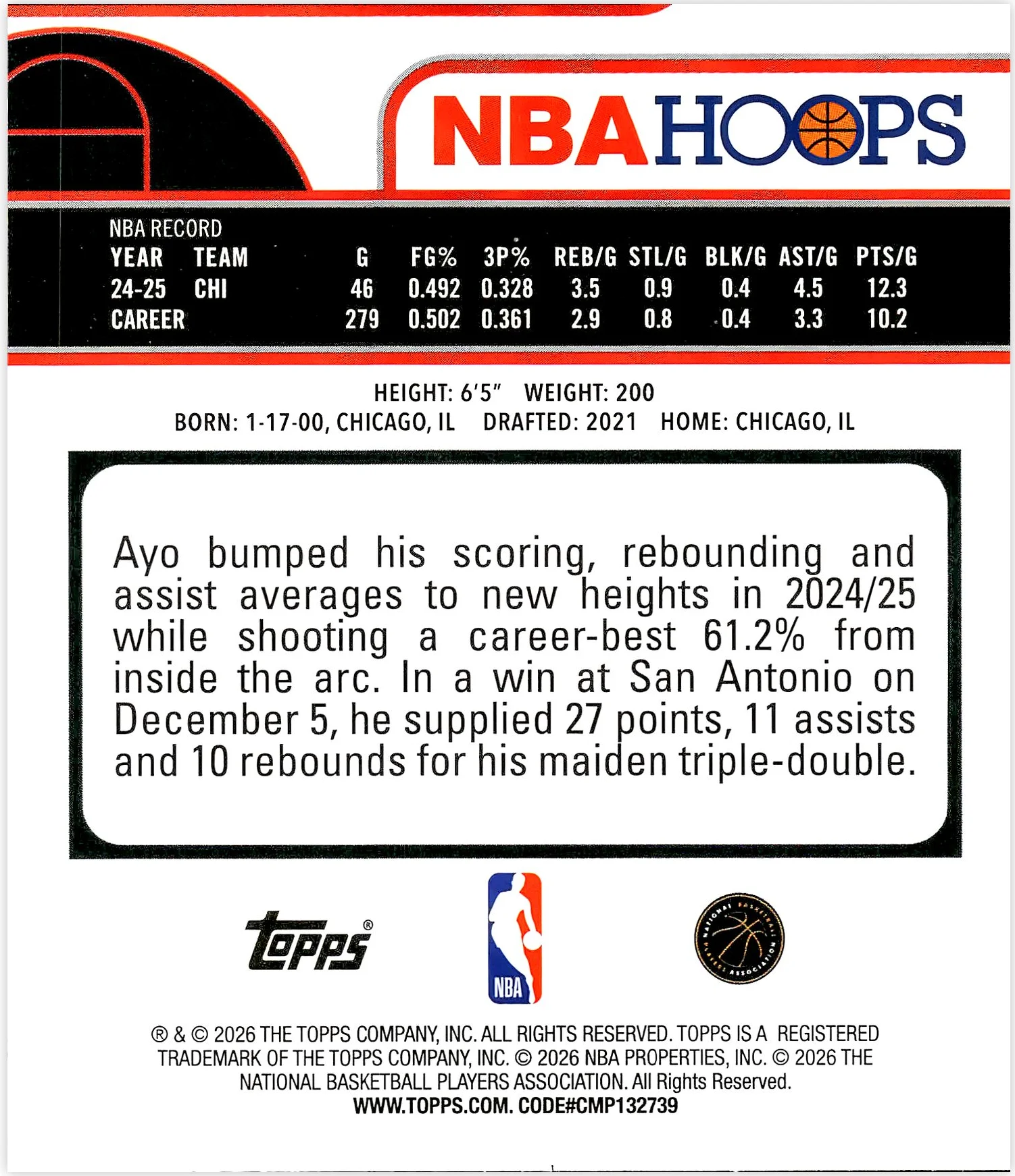 Ayo Dosunmu #252 2026 NBA Hoops basketball card - Front