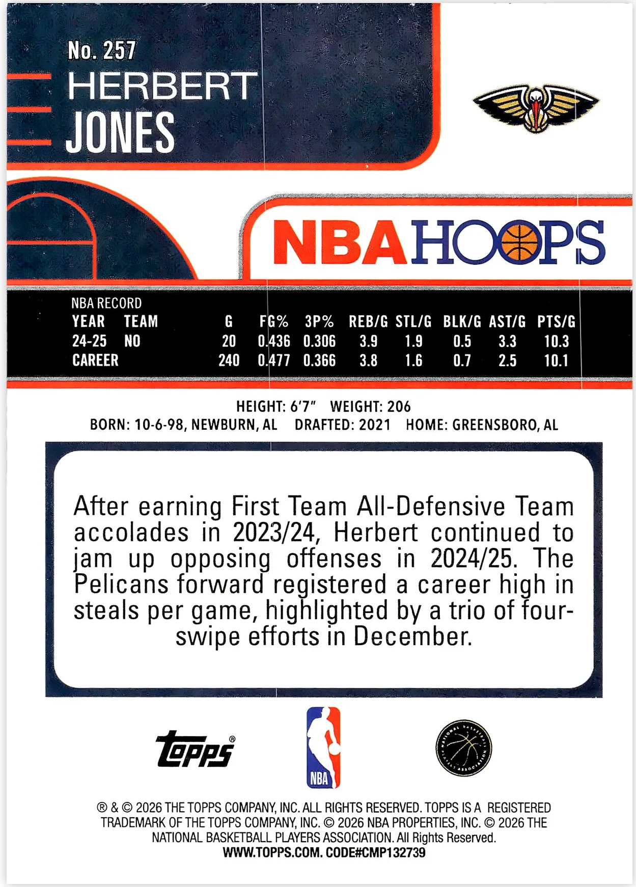 Herbert Jones #257 2026 NBA Hoops basketball card - Front