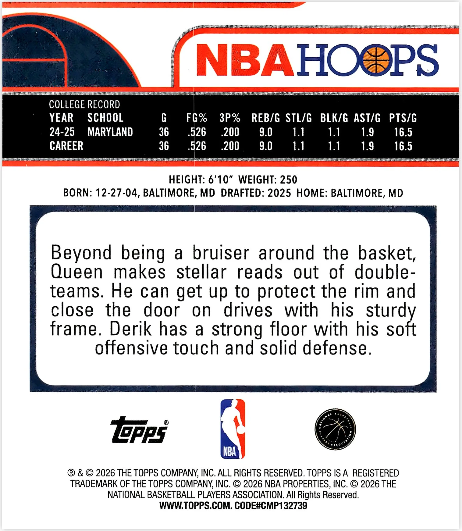 Derik Queen #62 Rookie Card 2026 NBA Hoops basketball rookie card - Front
