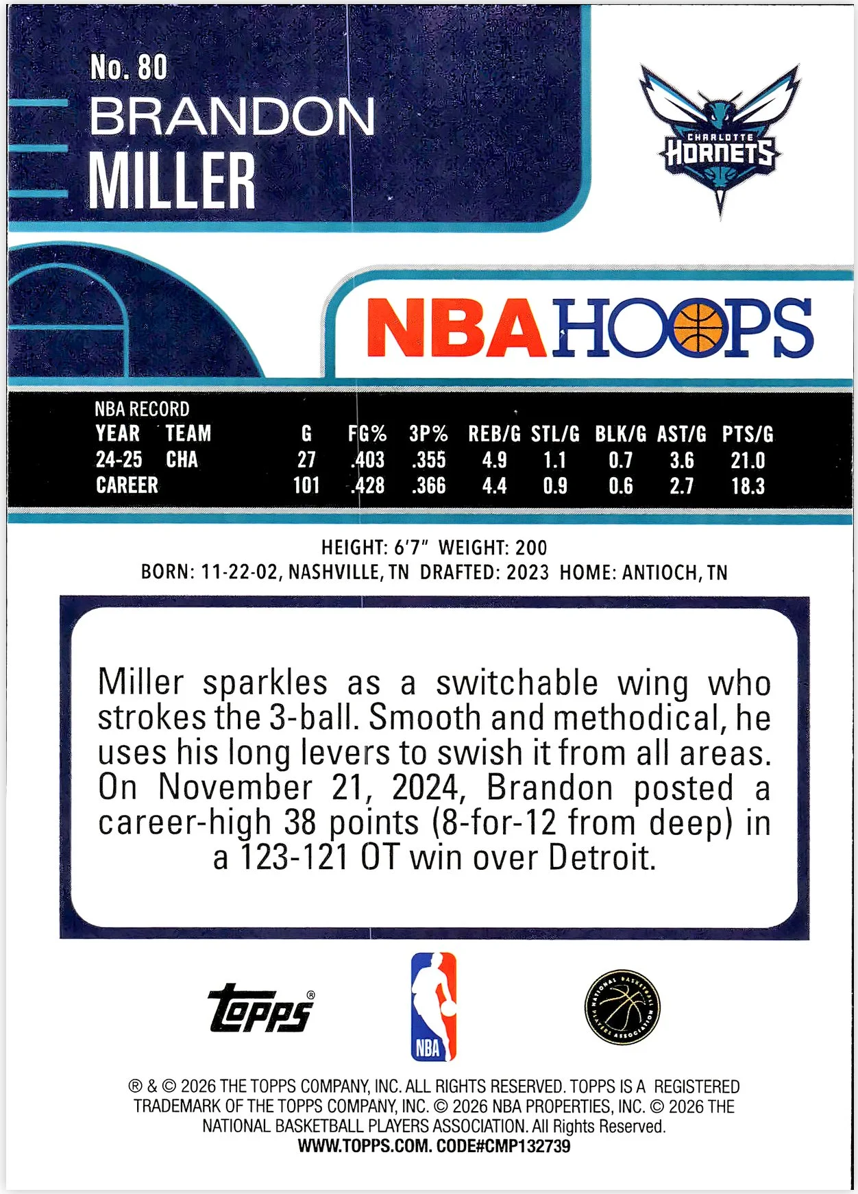 Brandon Miller #80 2026 NBA Hoops basketball card - Front