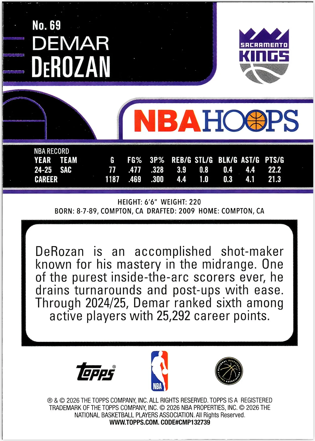 DeMar DeRozan #69 2026 NBA Hoops basketball card - Front