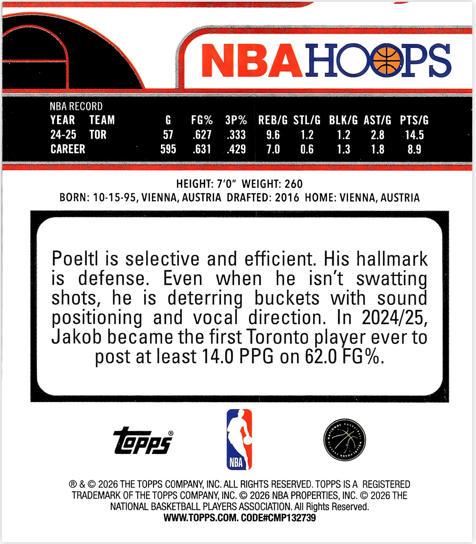 Jakob Poeltl #64 2026 NBA Hoops basketball card - Front
