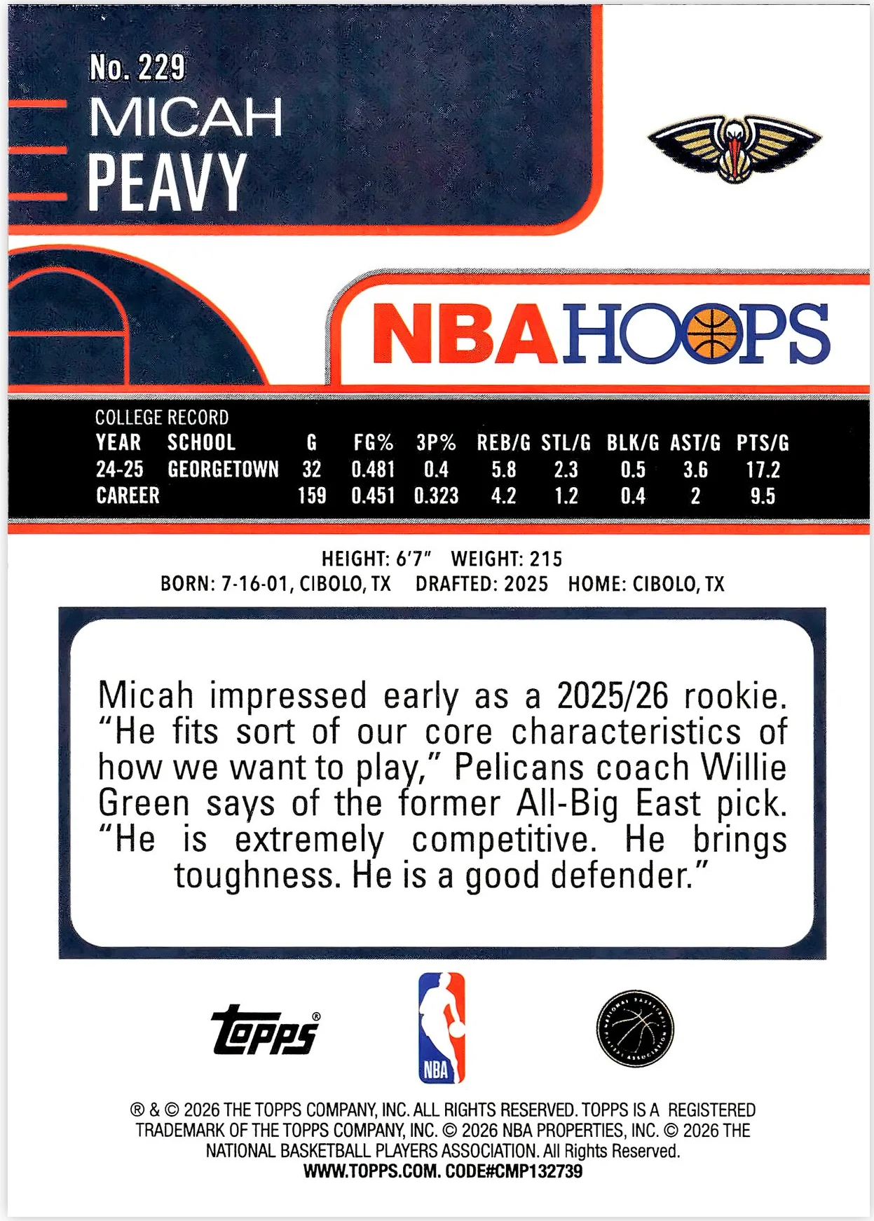Micah Peavy #229 Rookie Card 2026 NBA Hoops basketball rookie card - Front