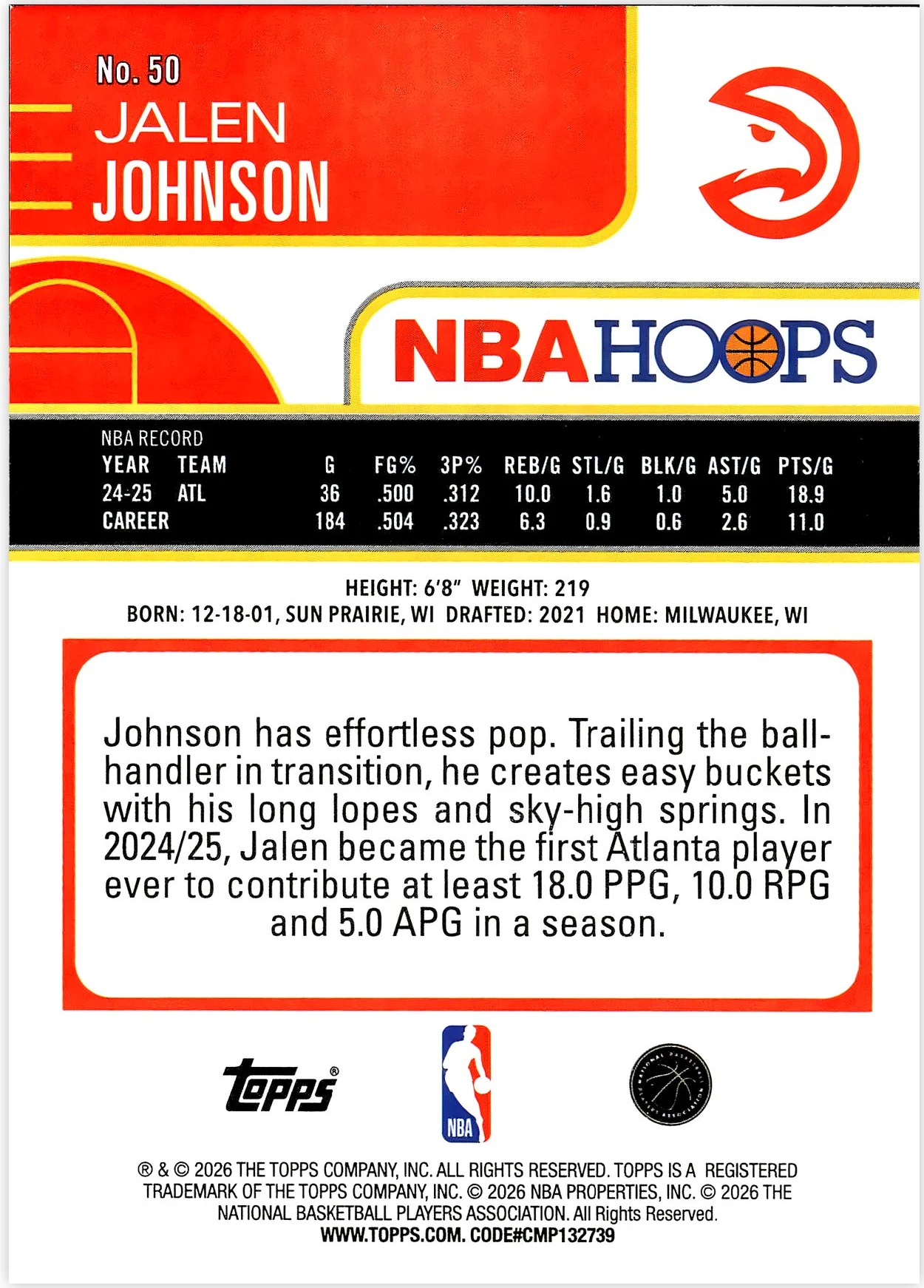 Jalen Johnson #50 2026 NBA Hoops basketball card - Front