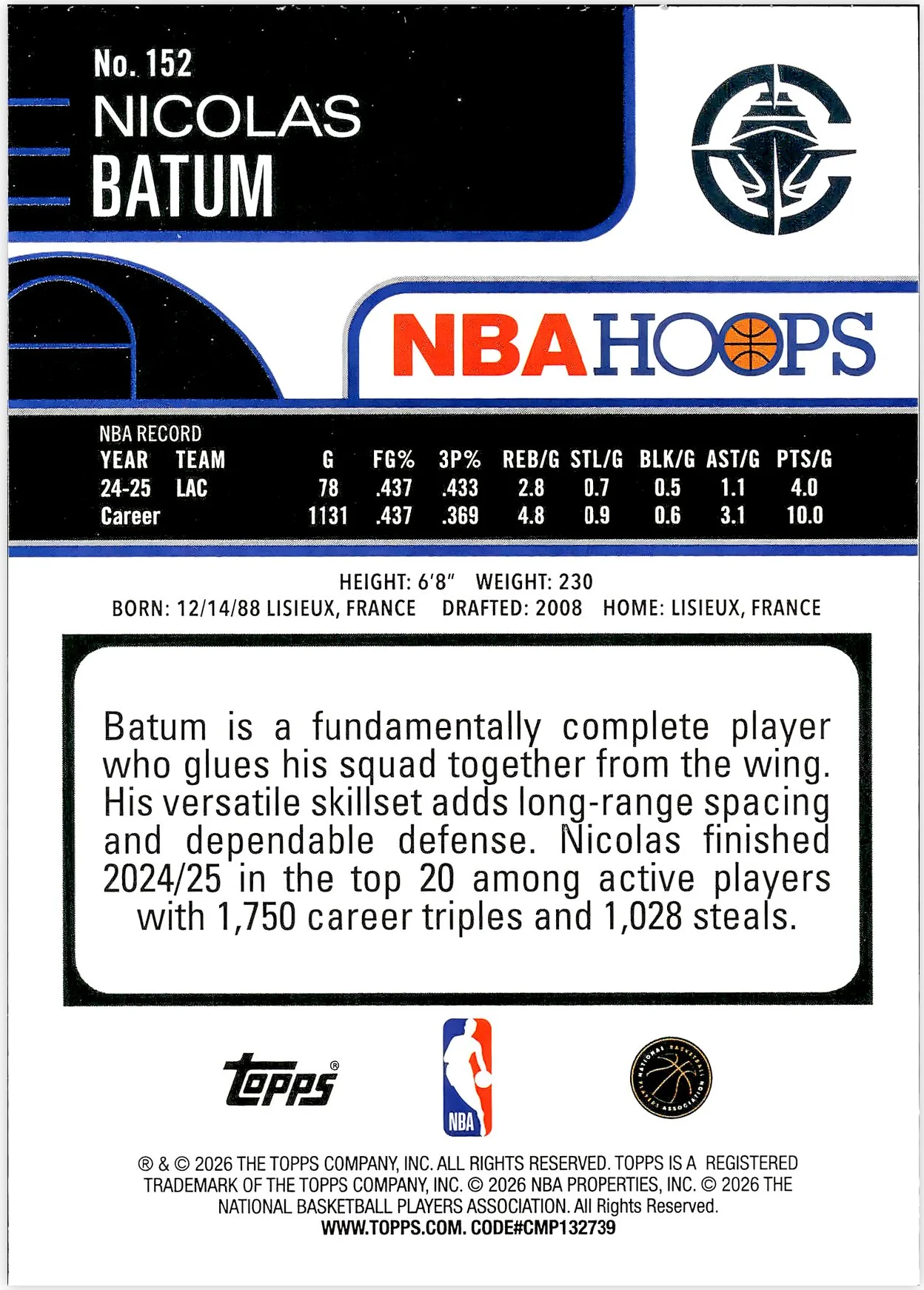Nicolas Batum #152 2026 NBA Hoops basketball card - Front