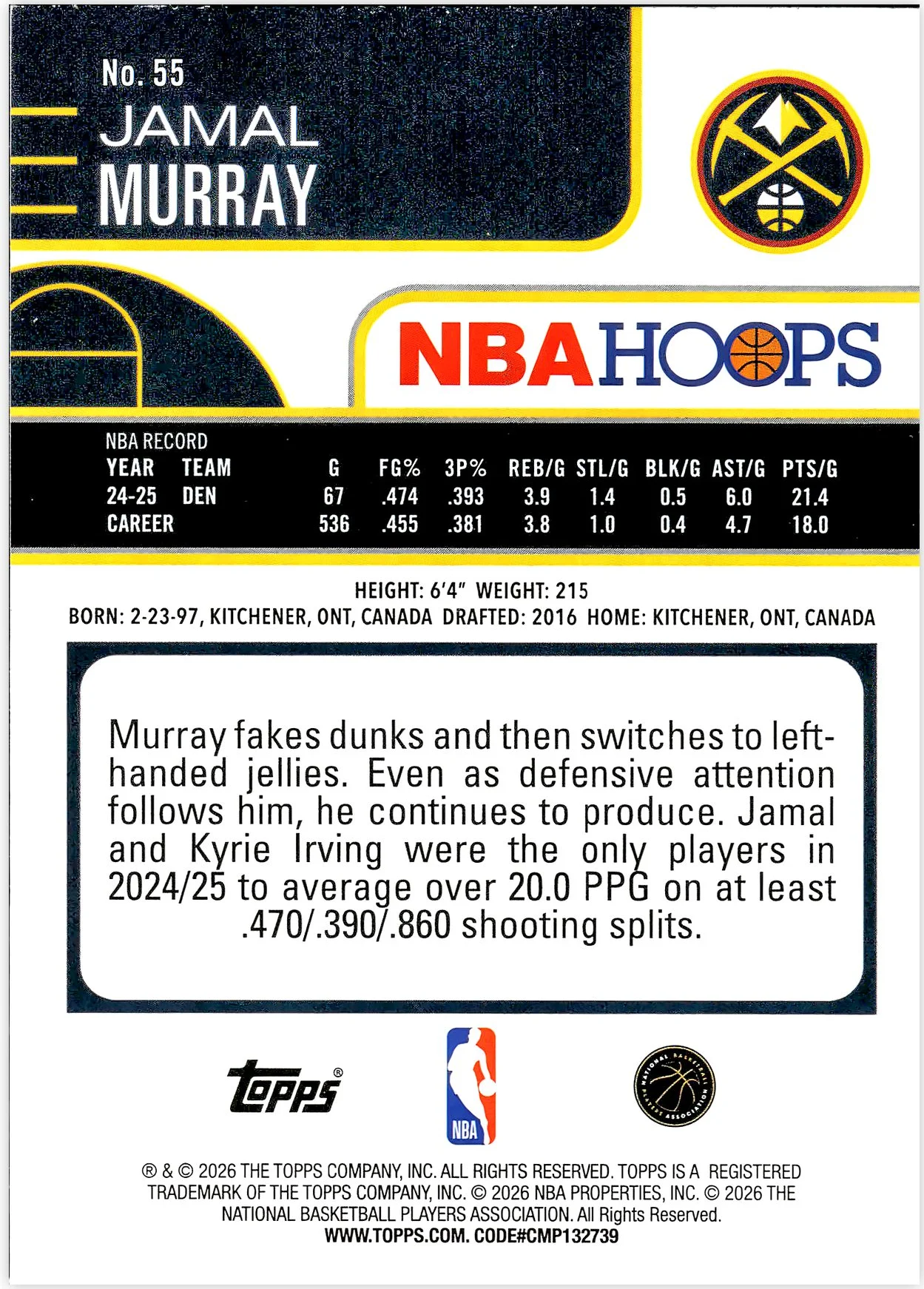 Jamal Murray #55 2026 NBA Hoops basketball card - Front