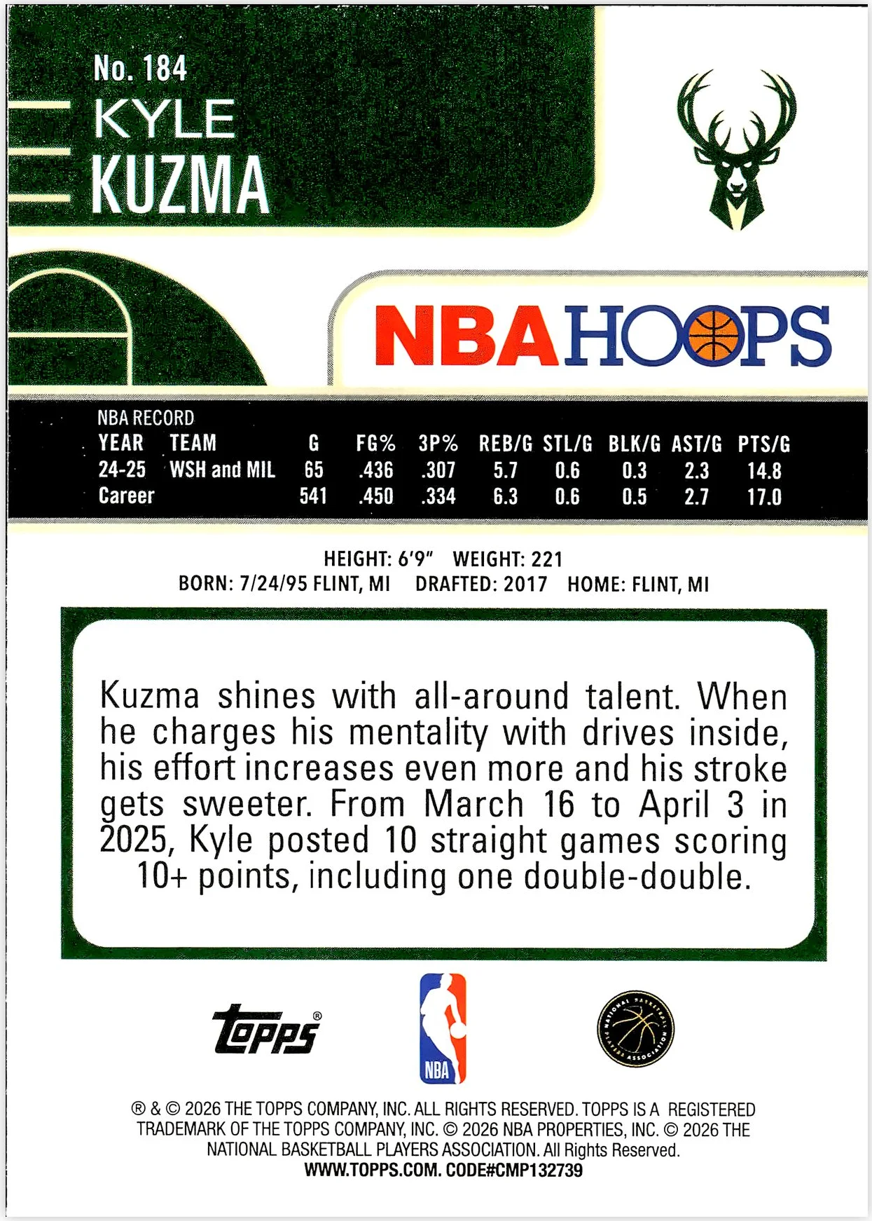 Kyle Kuzma #184 2026 NBA Hoops basketball card - Front