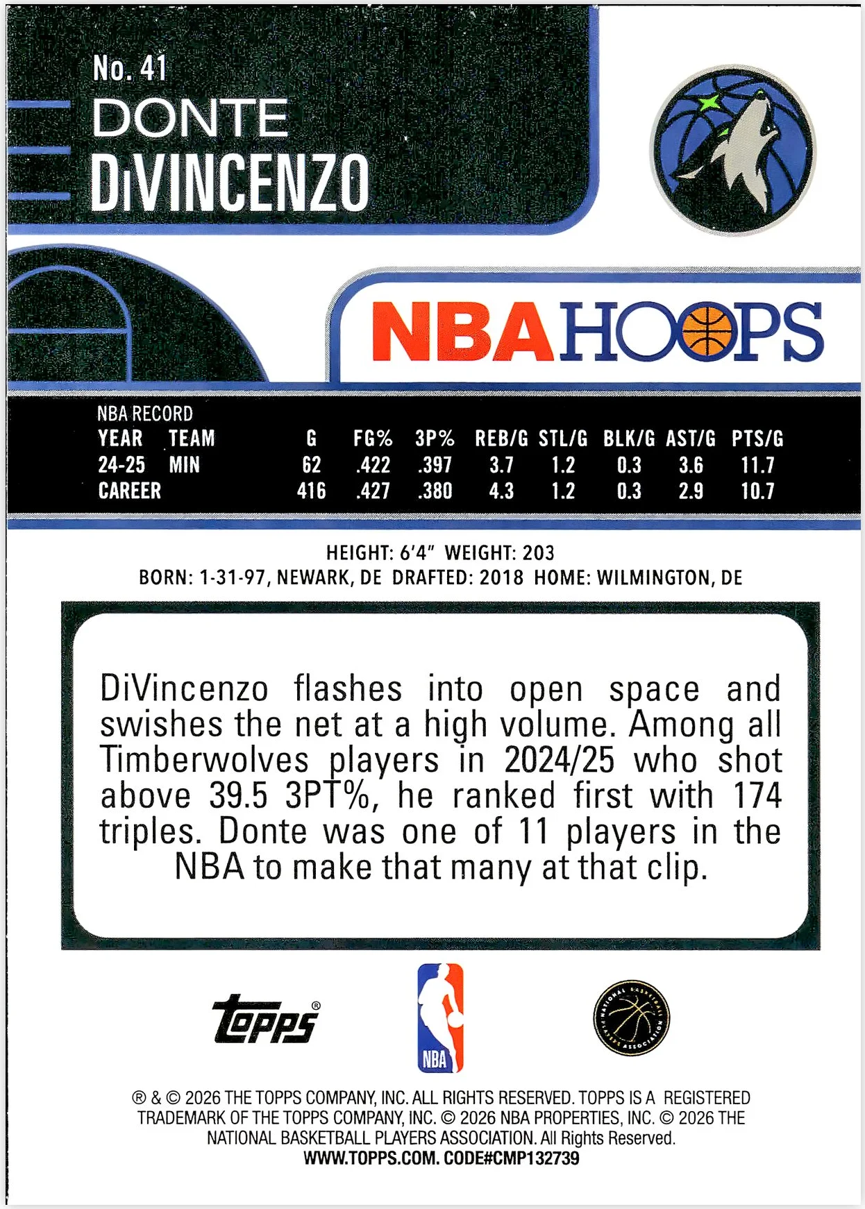 Donte DiVincenzo #41 2026 NBA Hoops basketball card - Front