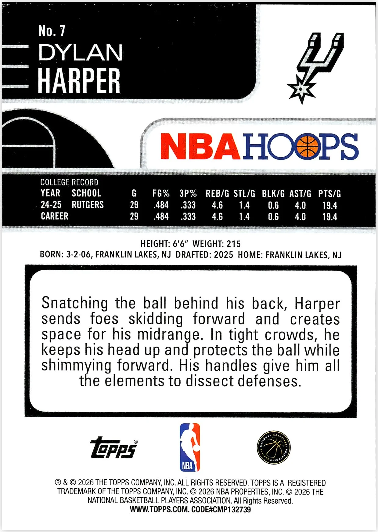 Dylan Harper #7 Rookie Card 2026 NBA Hoops basketball rookie card - Front