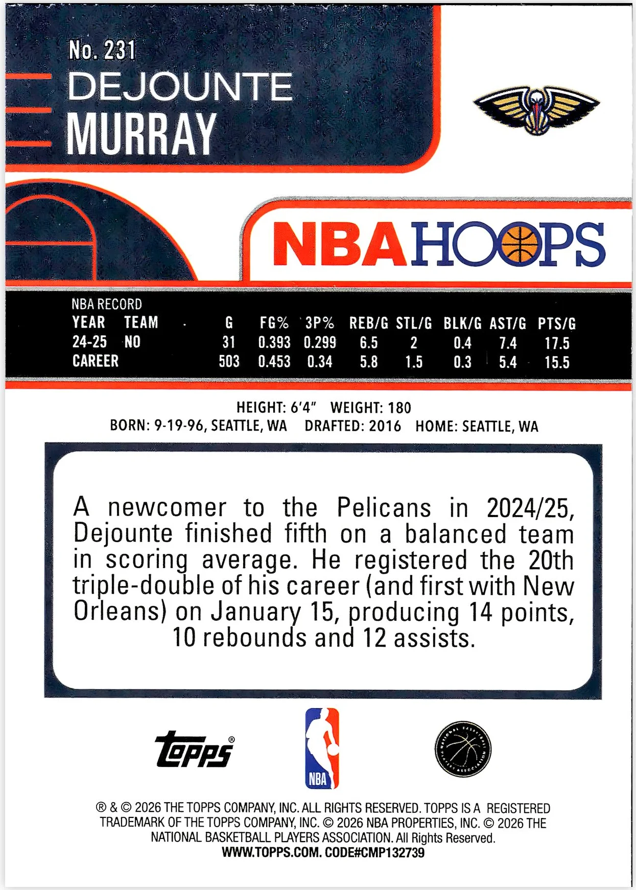 Dejounte Murray #231 2026 NBA Hoops basketball card - Front