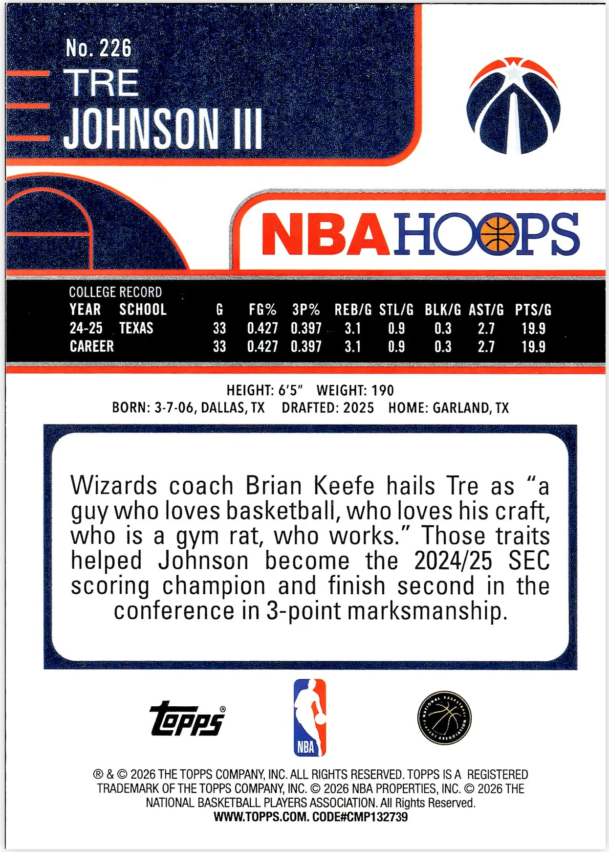 Tre Johnson III #226 Rookie Card 2026 NBA Hoops basketball rookie card - Front