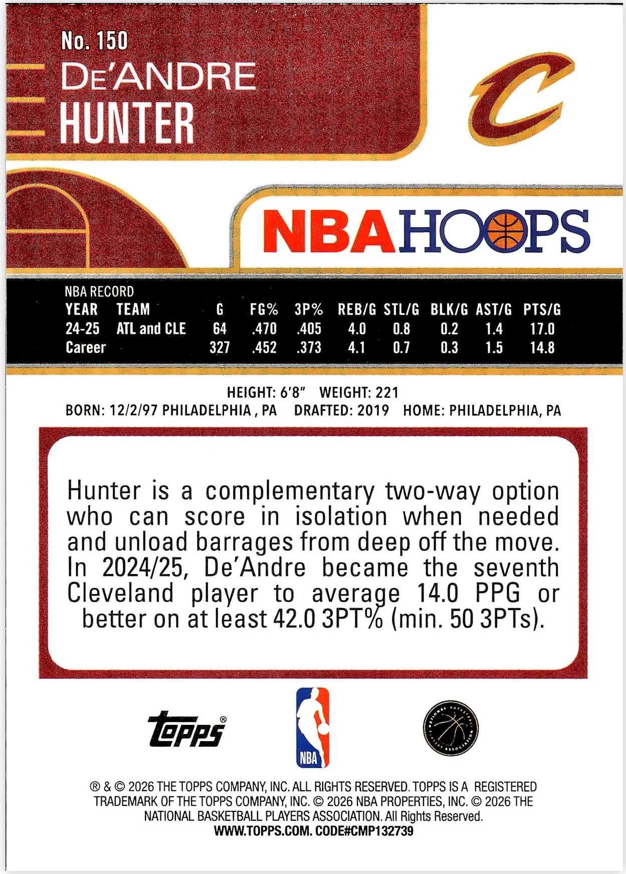 De'Andre Hunter #150 2026 NBA Hoops basketball card - Front