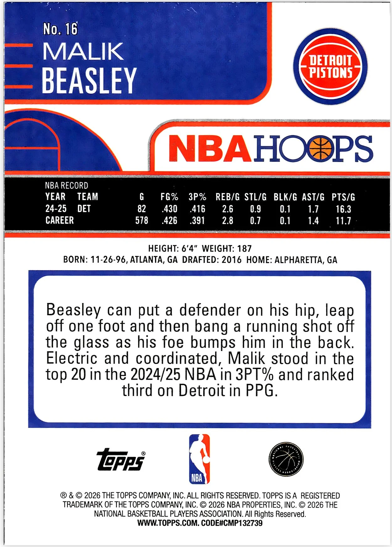 Malik Beasley #16 2026 NBA Hoops basketball card - Front
