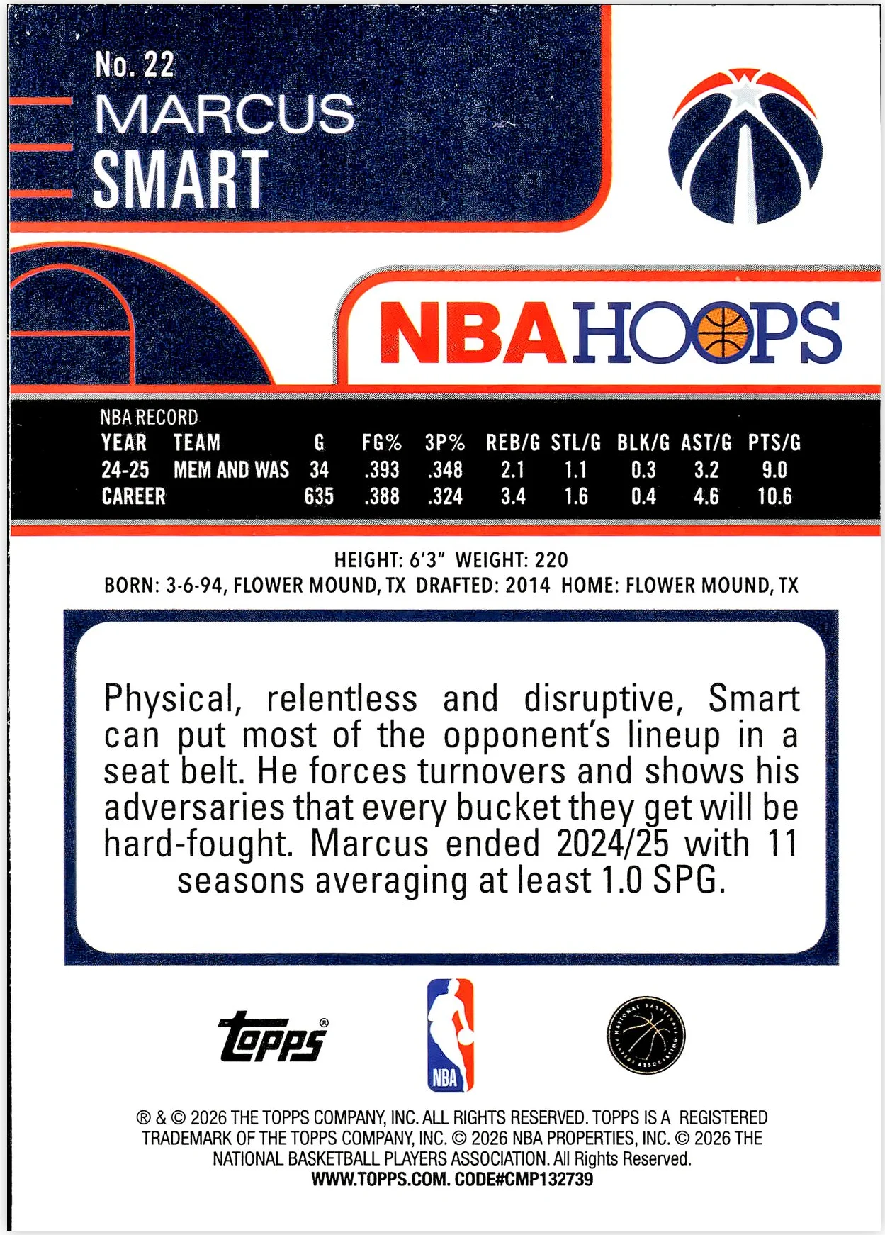 Marcus Smart #22 2026 NBA Hoops basketball card - Front
