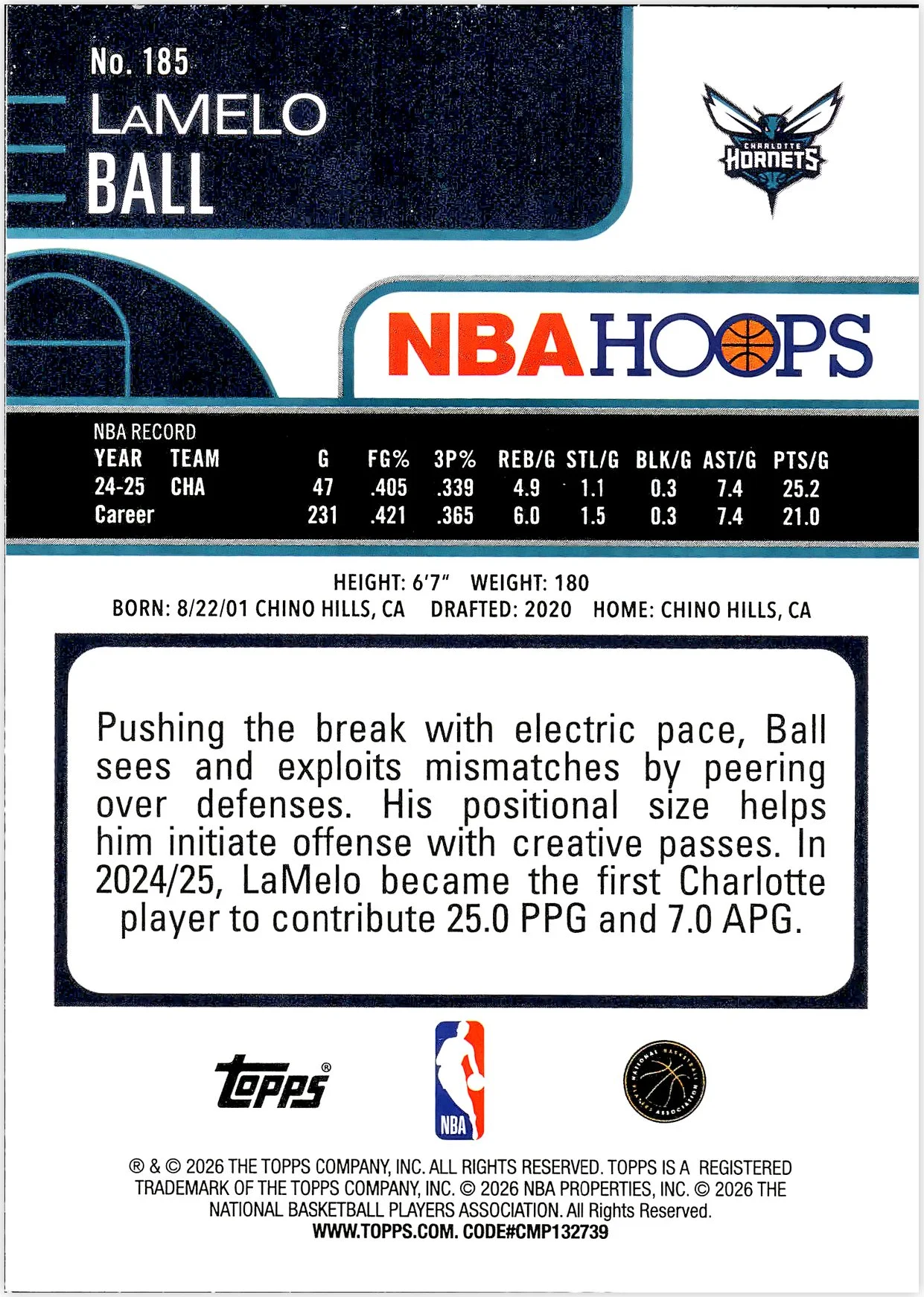 LaMelo Ball #185 2026 NBA Hoops basketball card - Front