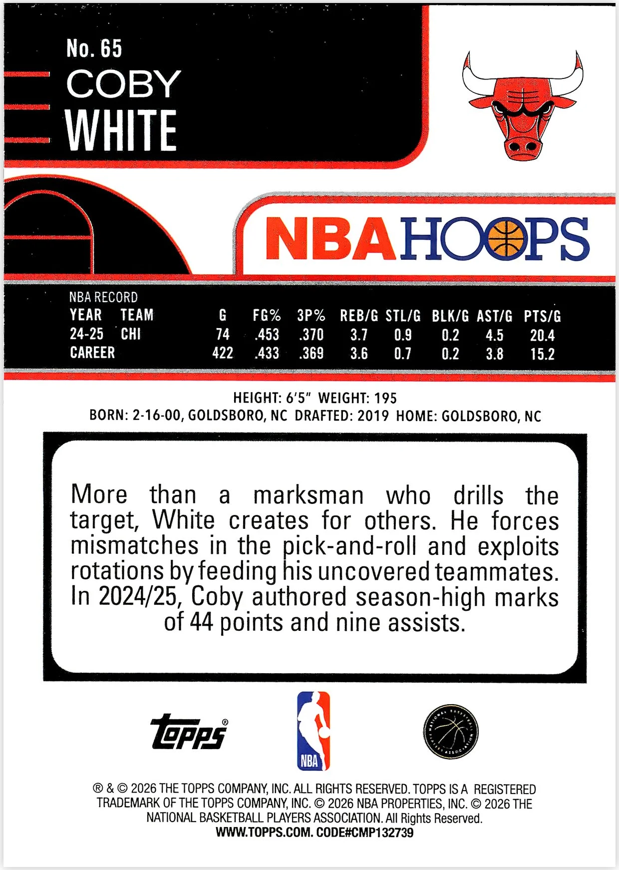 Coby White #65 2026 NBA Hoops basketball card - Front