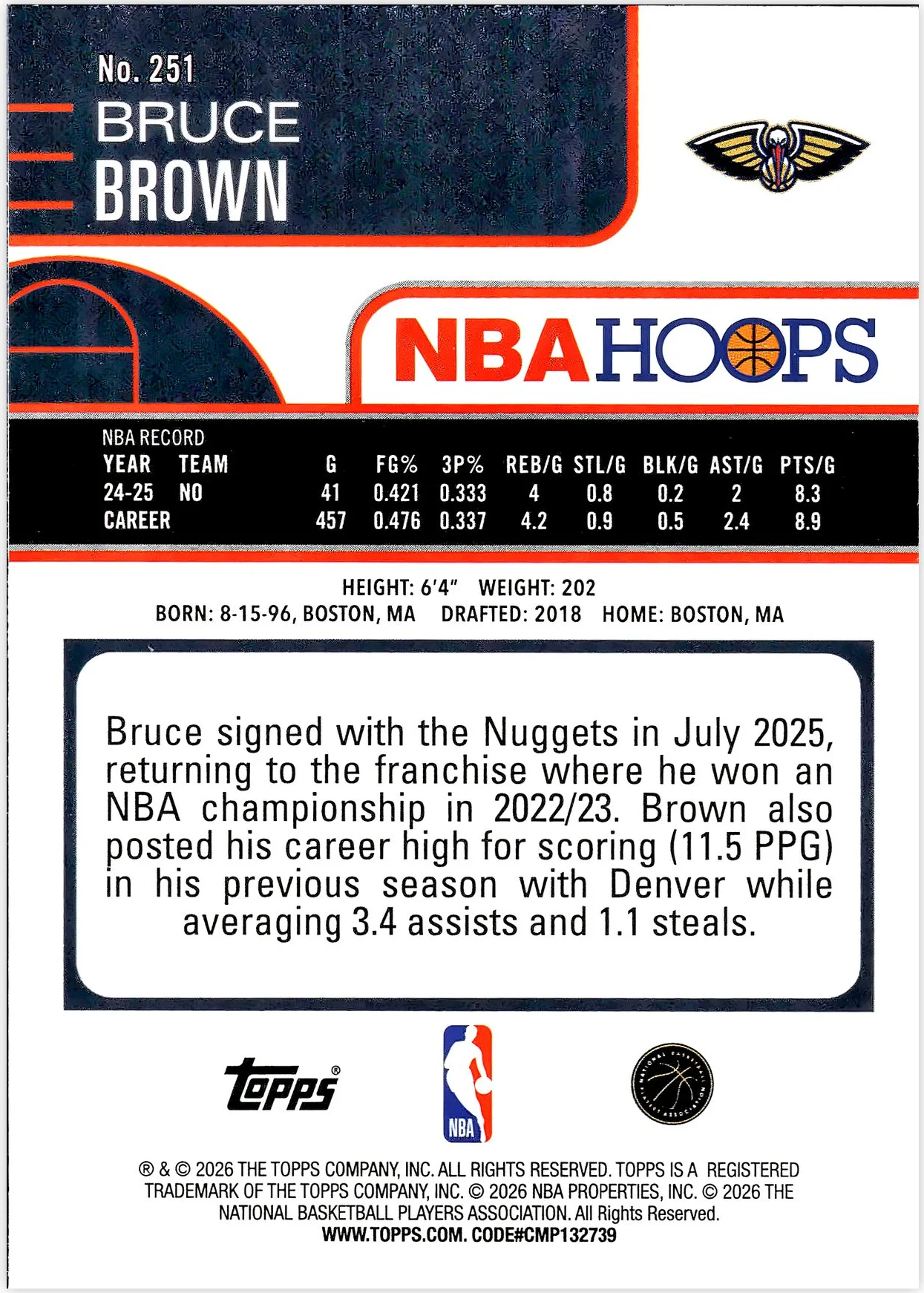 Bruce Brown #251 2026 NBA Hoops basketball card - Front