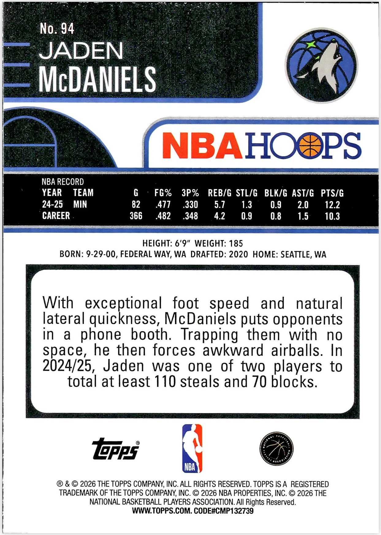 Jaden McDaniels #94 2026 NBA Hoops basketball card - Front