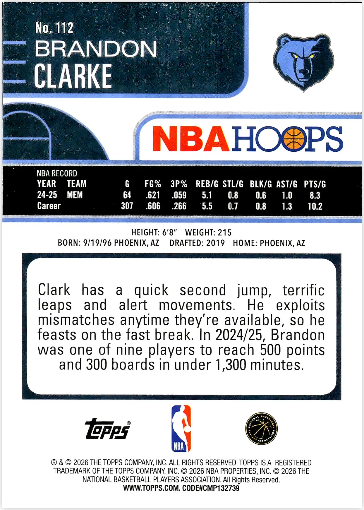 Brandon Clarke #112 2026 NBA Hoops basketball card - Front
