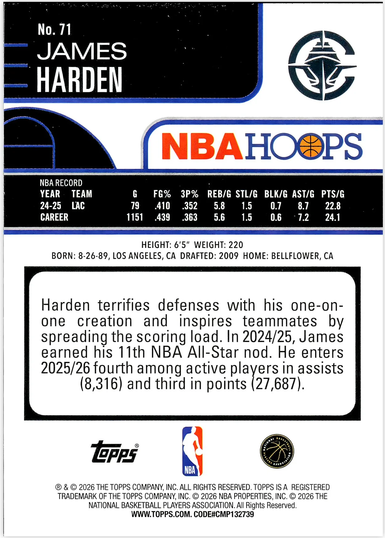 James Harden #71 2026 NBA Hoops basketball card - Front