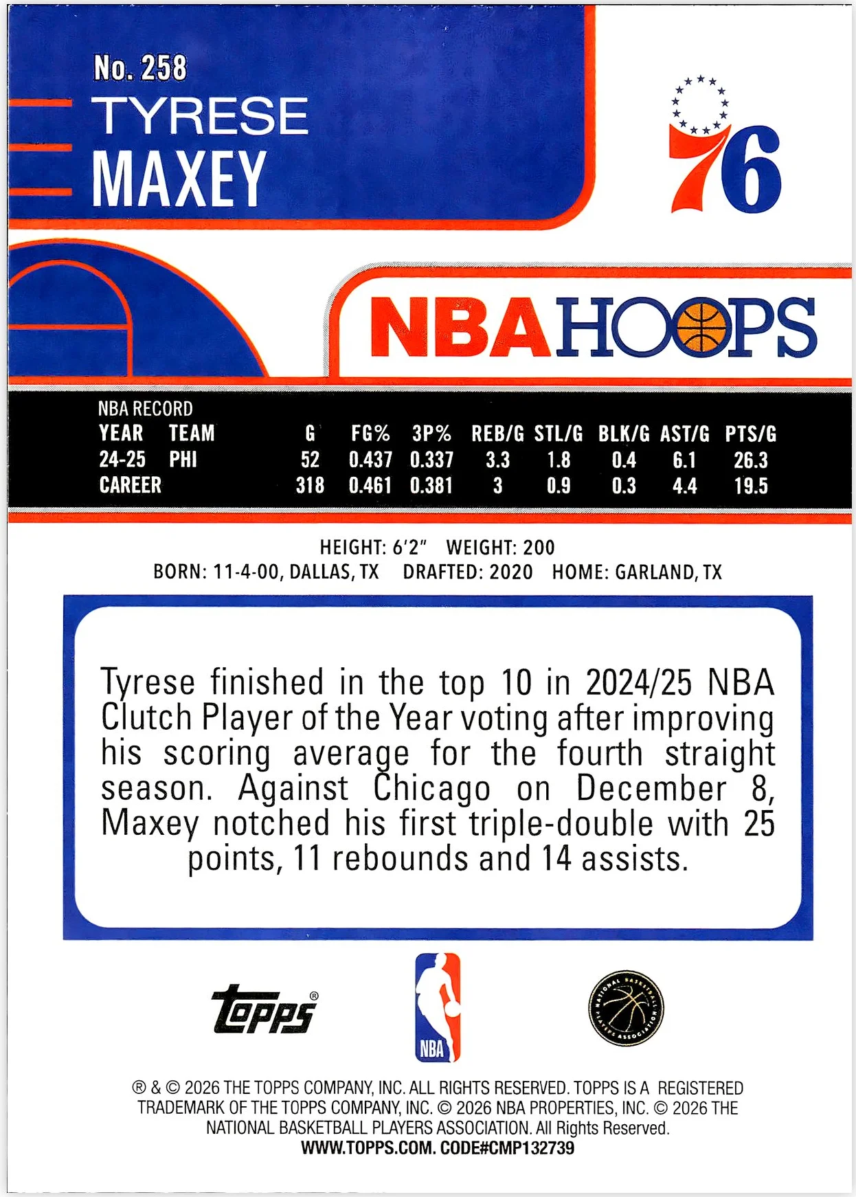 Tyrese Maxey #258 2026 NBA Hoops basketball card - Front