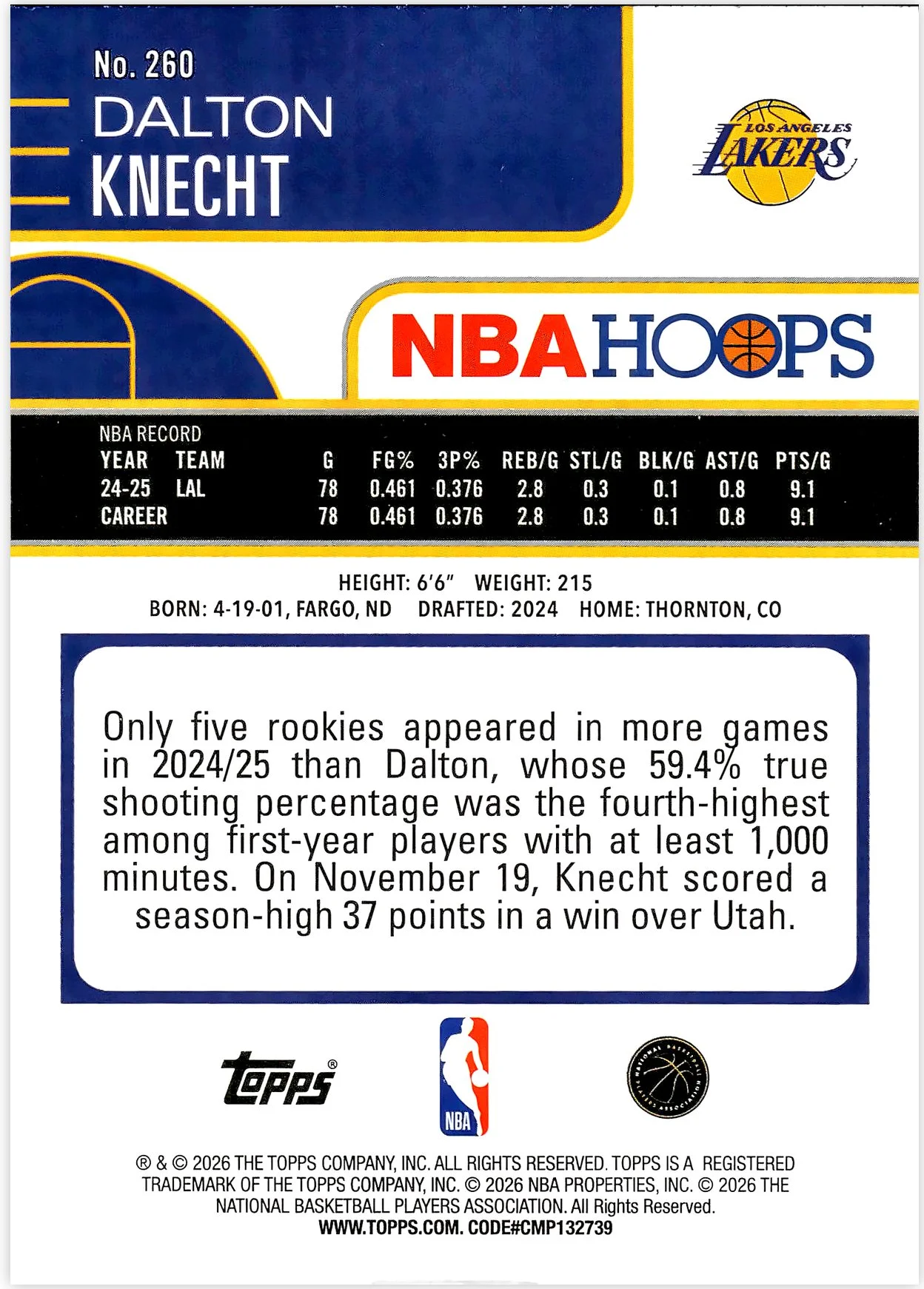 Dalton Knecht #260 2026 NBA Hoops basketball card - Front
