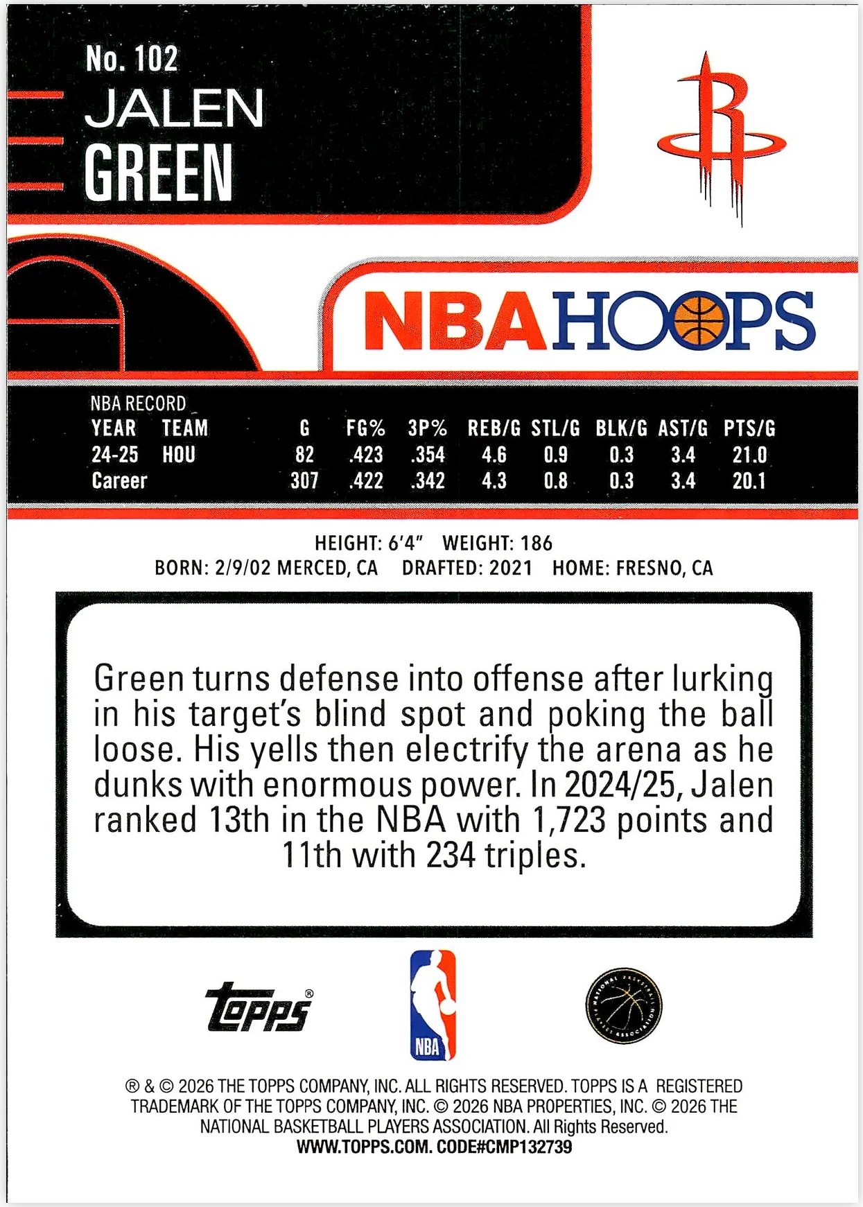 Jalen Green #102 2026 NBA Hoops basketball card - Front