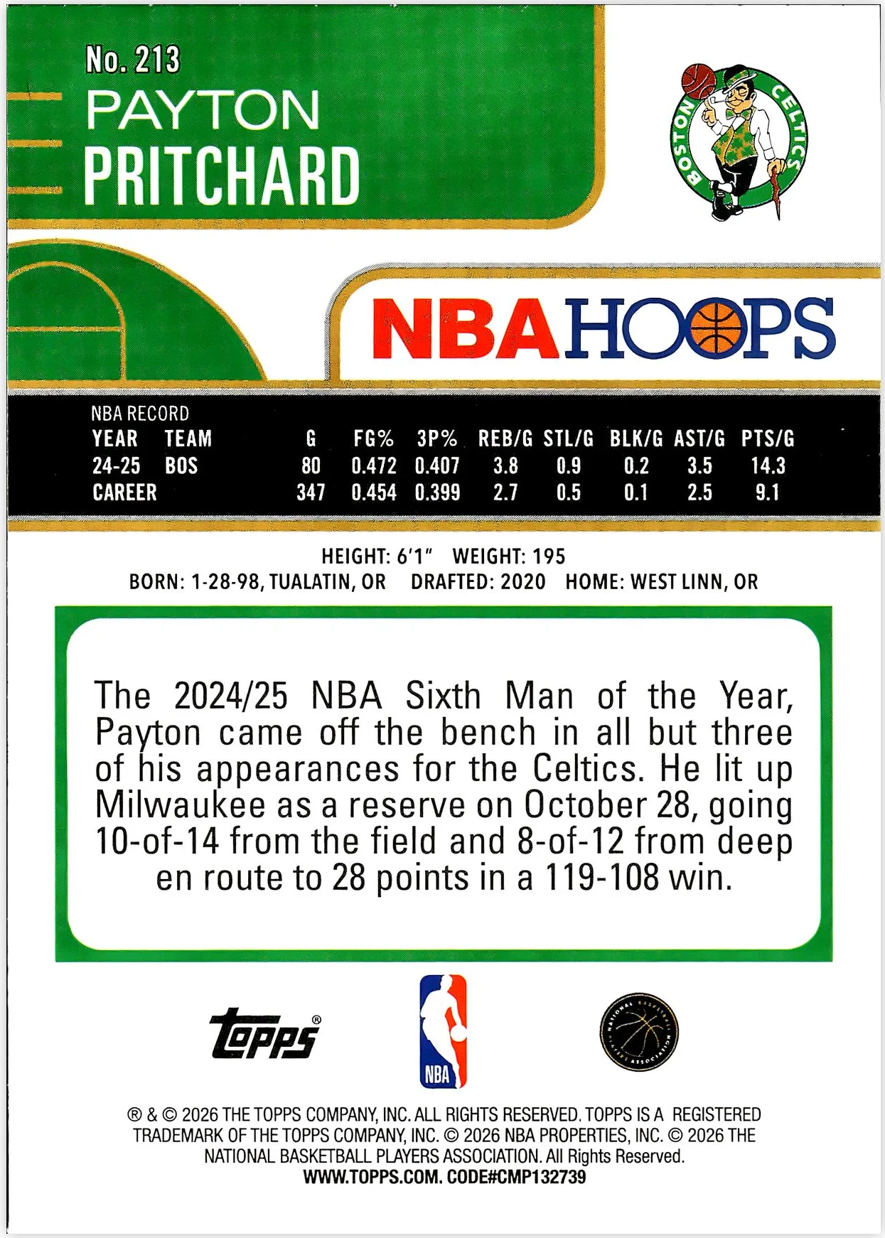 Payton Pritchard #213 2026 NBA Hoops basketball card - Front