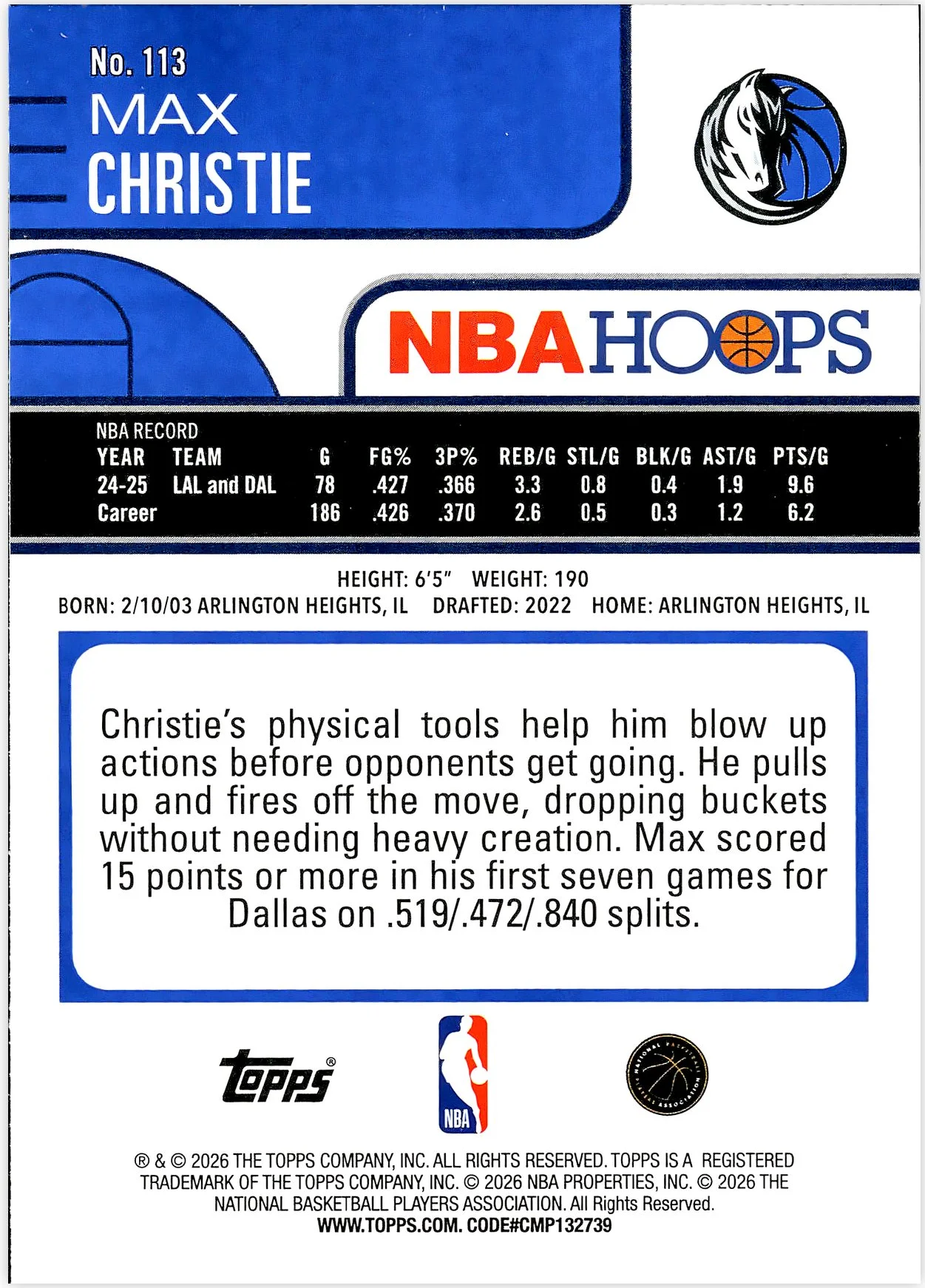Max Christie #113 2026 NBA Hoops basketball card - Front