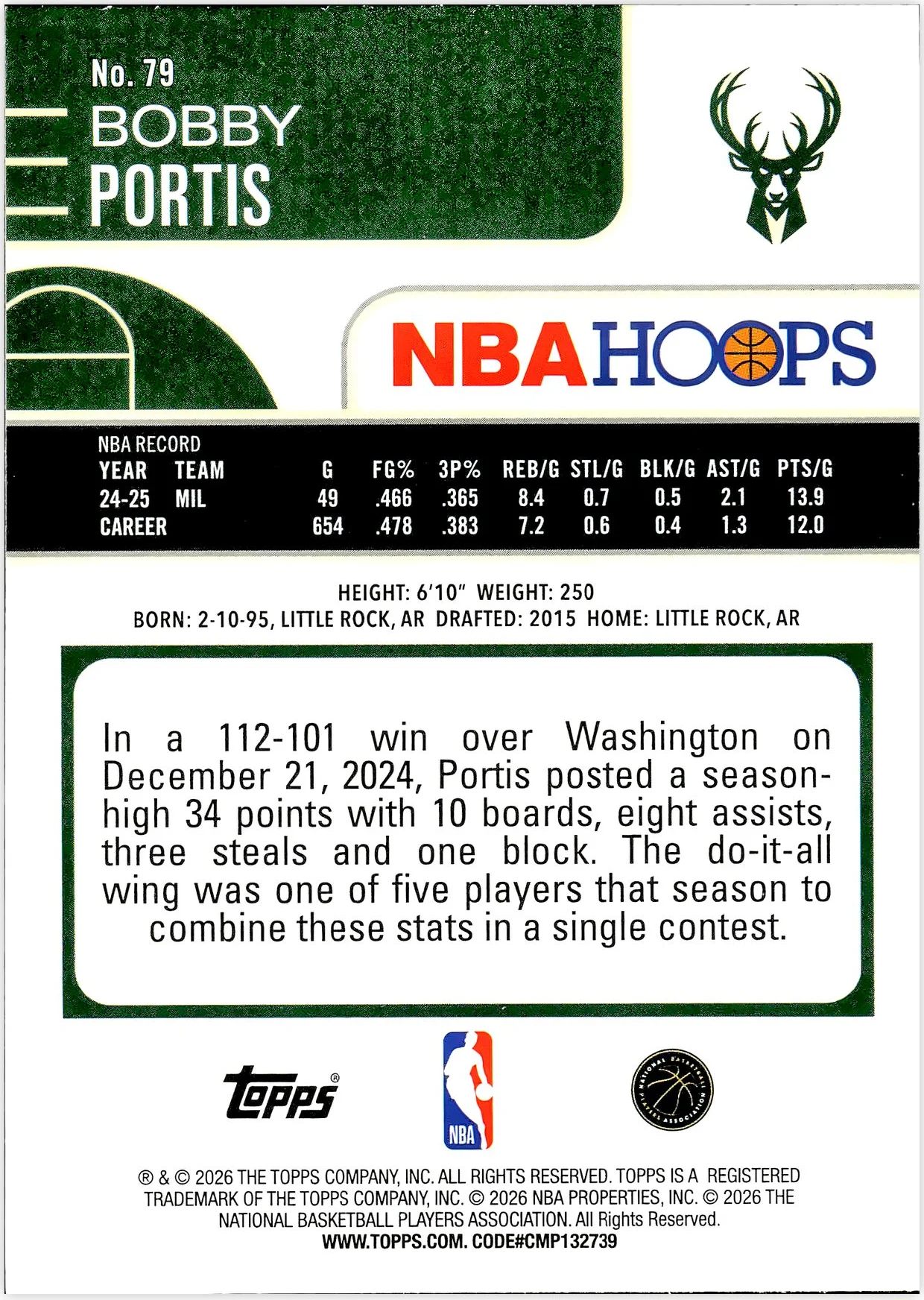 Bobby Portis #79 2026 NBA Hoops basketball card - Front