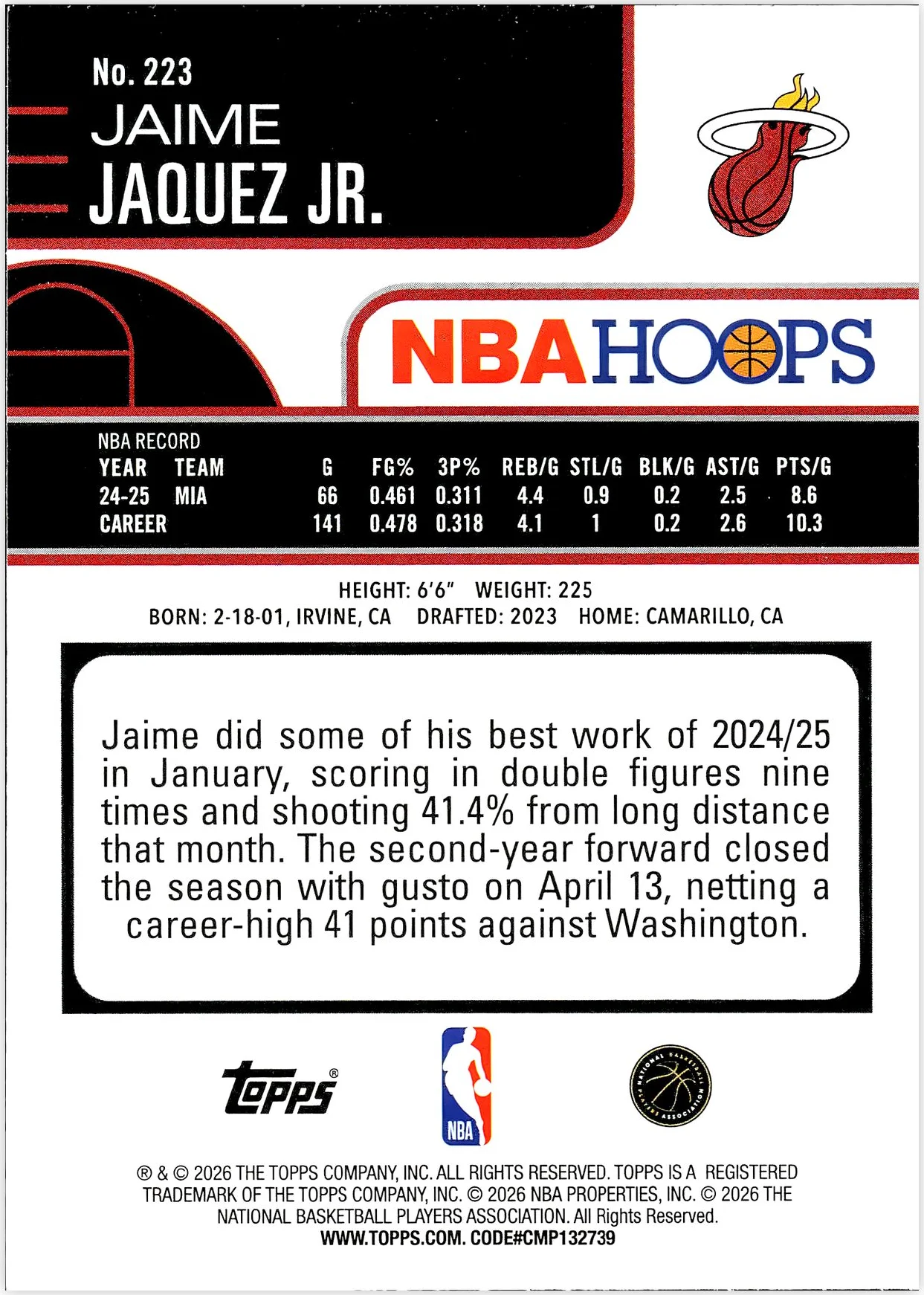 Jaime Jaquez Jr. #223 2026 NBA Hoops basketball card - Front