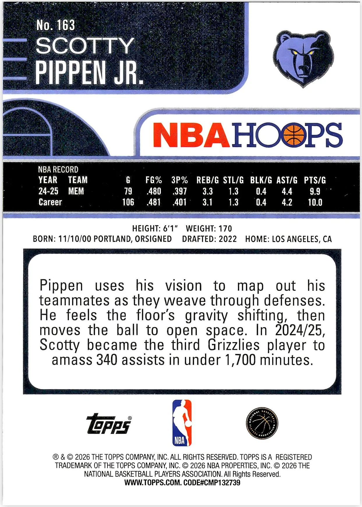 Scotty Pippen Jr. #163 2026 NBA Hoops basketball card - Front