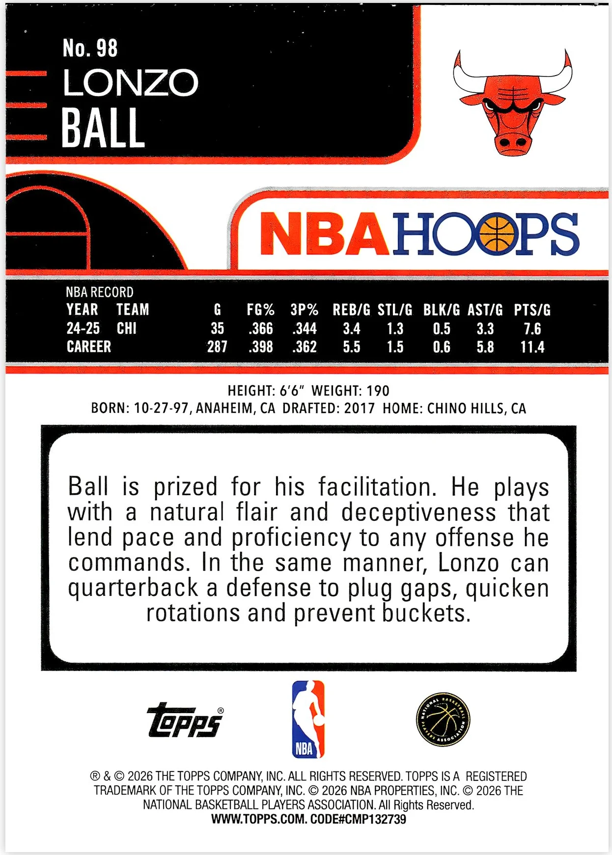 Lonzo Ball #98 2026 NBA Hoops basketball card - Front