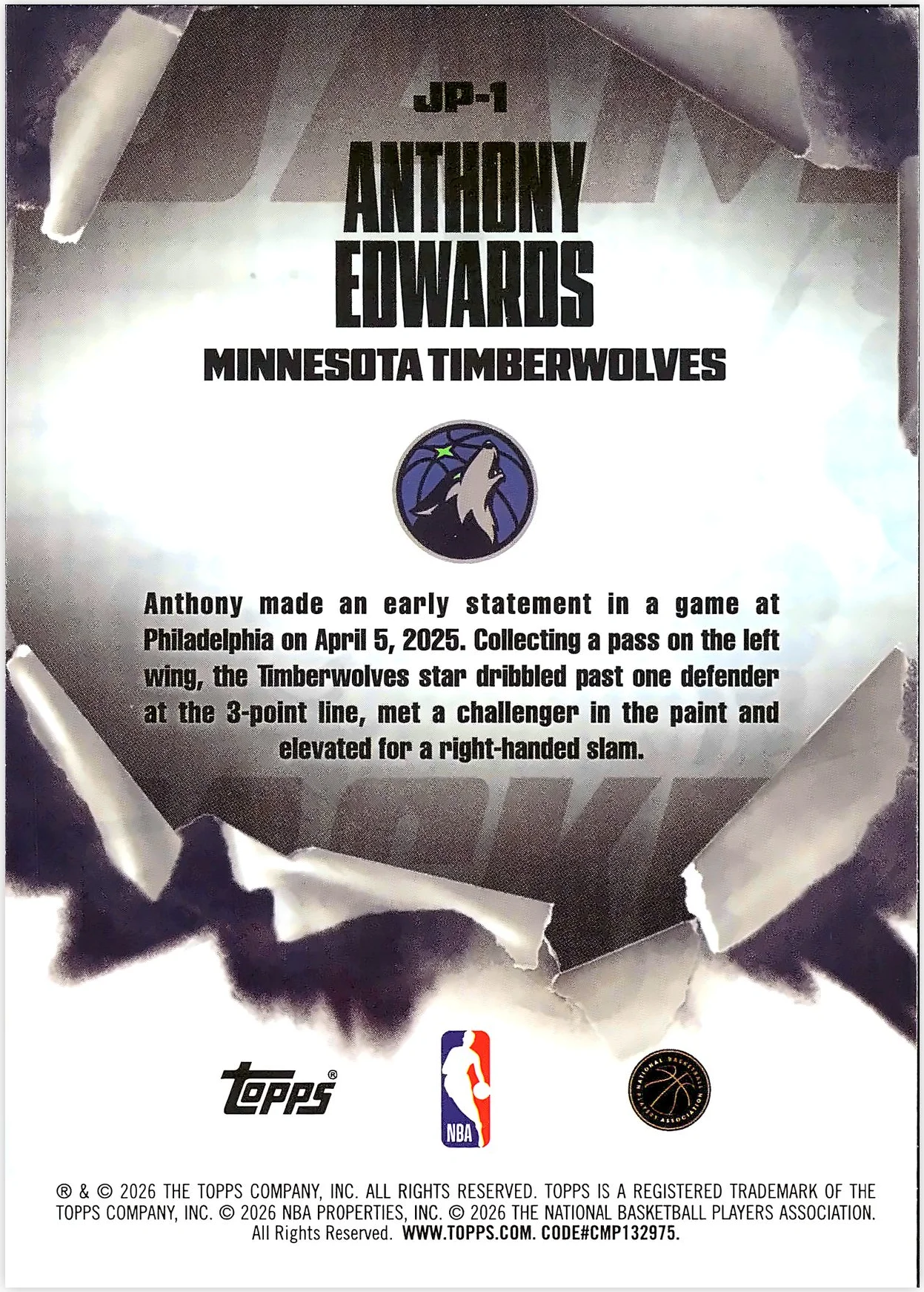 Anthony Edwards #JP-1 Jam Packed 2026 NBA Hoops basketball card - Front
