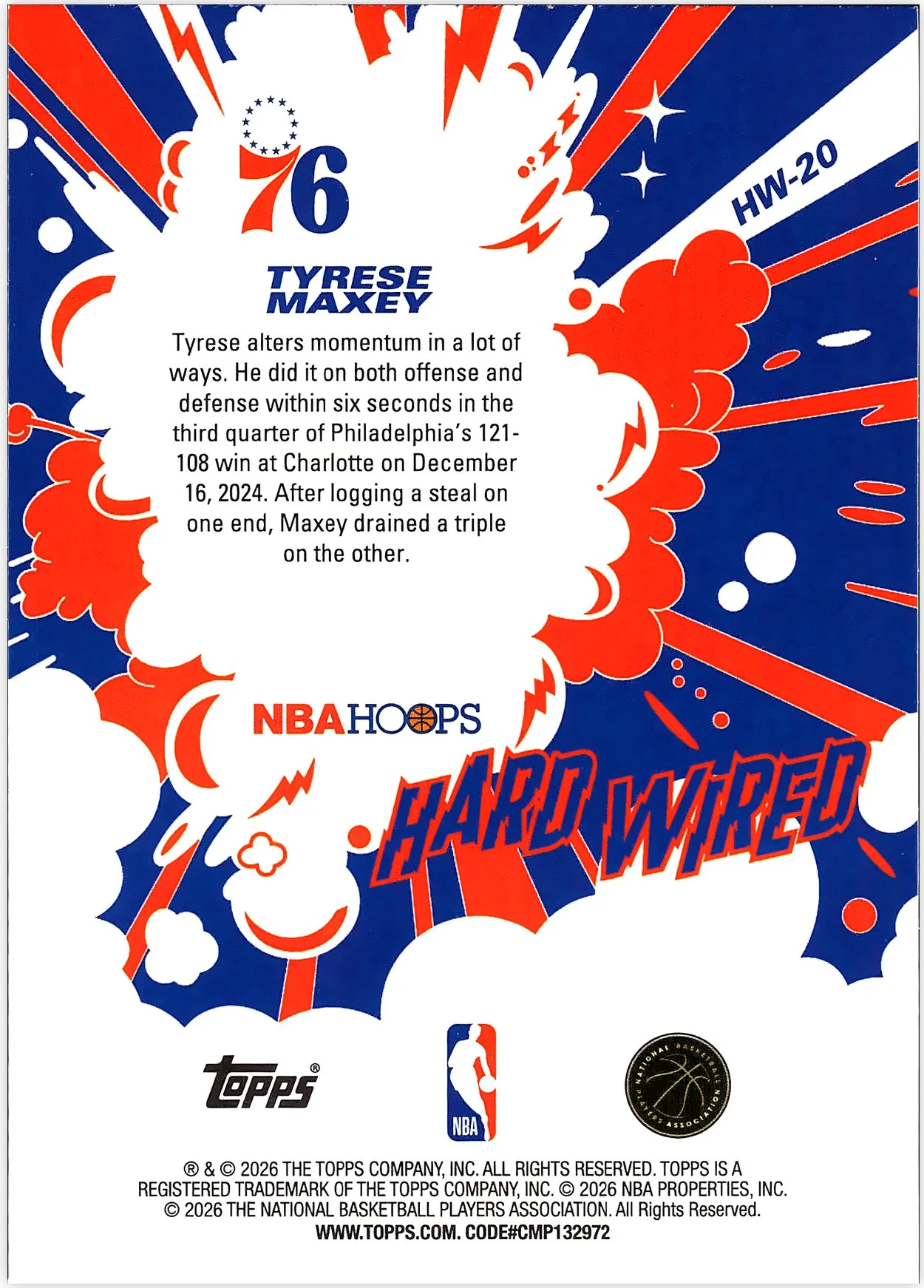 Tyrese Maxey #HW-20 Hard Wired 2026 NBA Hoops basketball card - Front