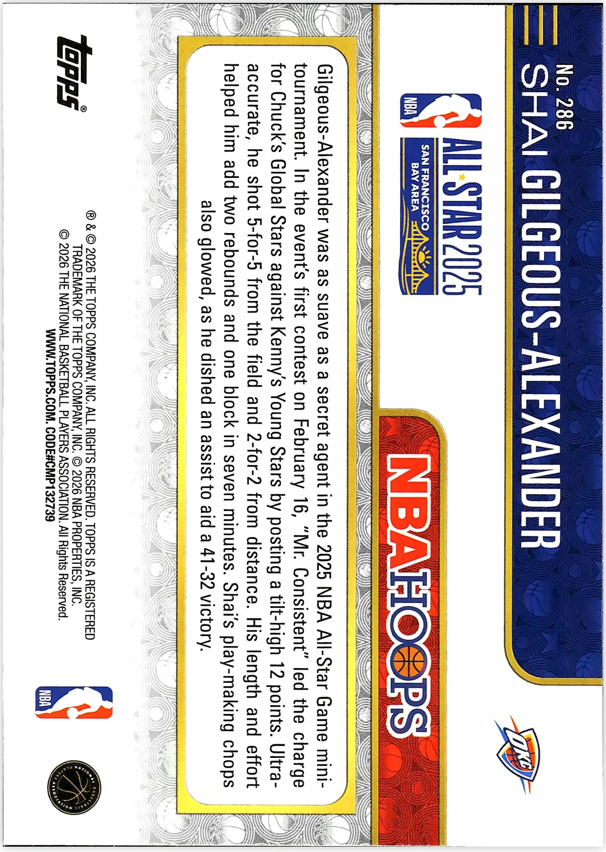 Shai Gilgeous-Alexander #286 All Star 2026 NBA Hoops basketball card - Front