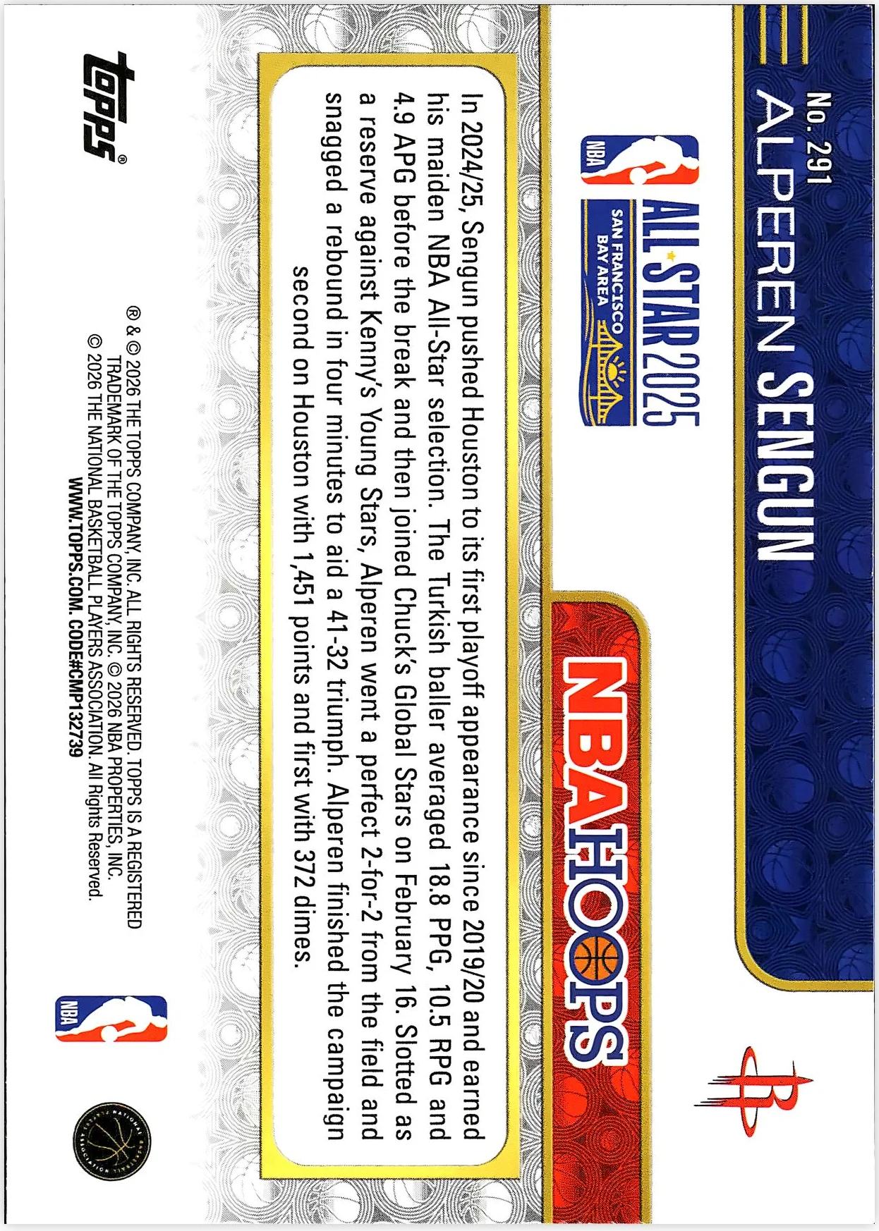Alperen Sengun #291 All Star 2026 NBA Hoops basketball card - Front